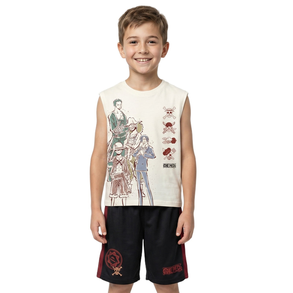 One Piece Monkey D. Luffy Youth Boy Muscle Shirt, Short-Sleeve Tee, and Lounge Shorts 3-Piece Combo Set