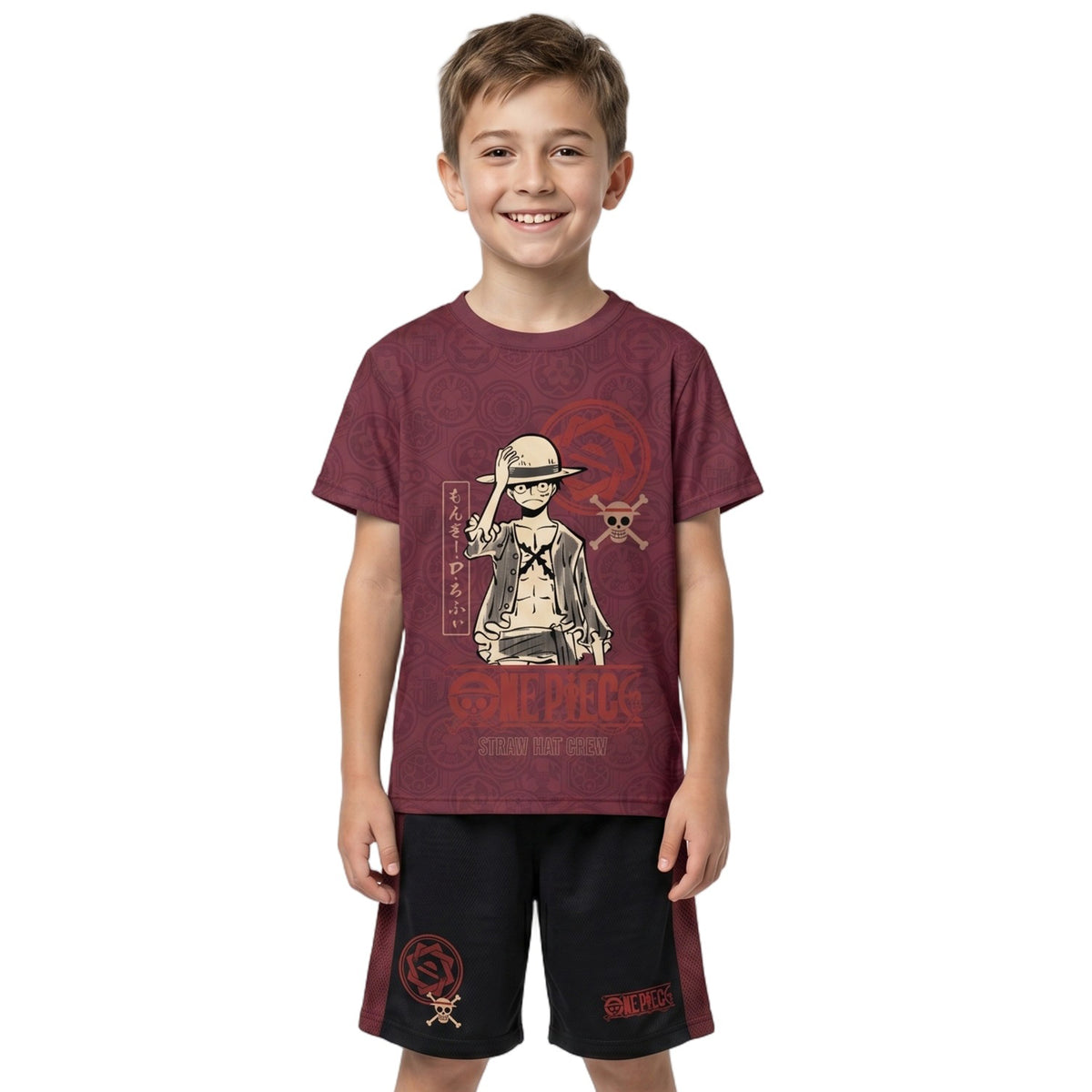 One Piece Monkey D. Luffy Youth Boy Muscle Shirt, Short-Sleeve Tee, and Lounge Shorts 3-Piece Combo Set