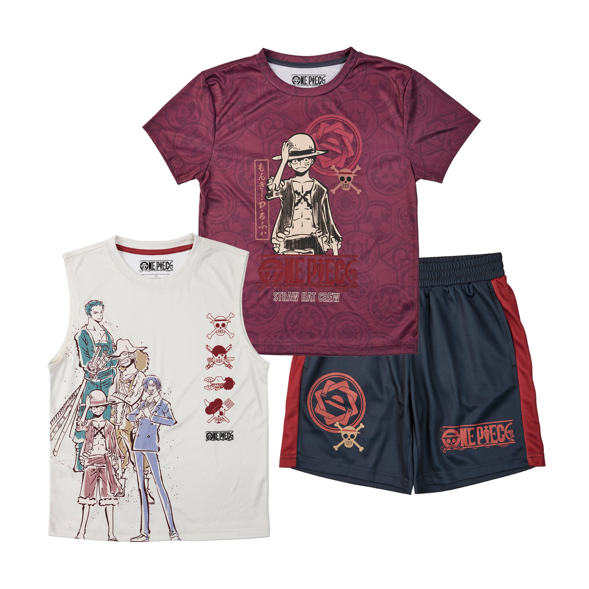One Piece Monkey D. Luffy Youth Boy Muscle Shirt, Short-Sleeve Tee, and Lounge Shorts 3-Piece Combo Set