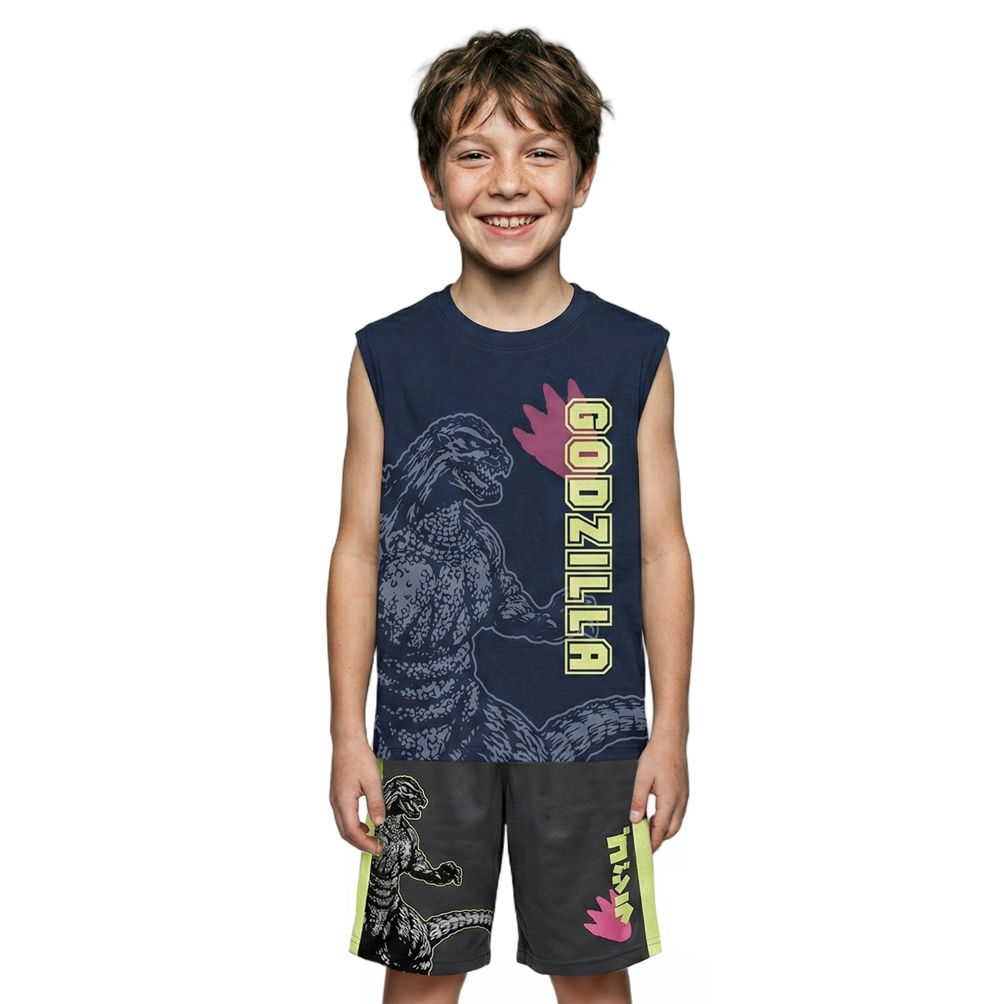 Godzilla Classic Youth Boy Muscle Shirt, Short-Sleeve Tee, and Lounge Shorts 3-Piece Combo Set