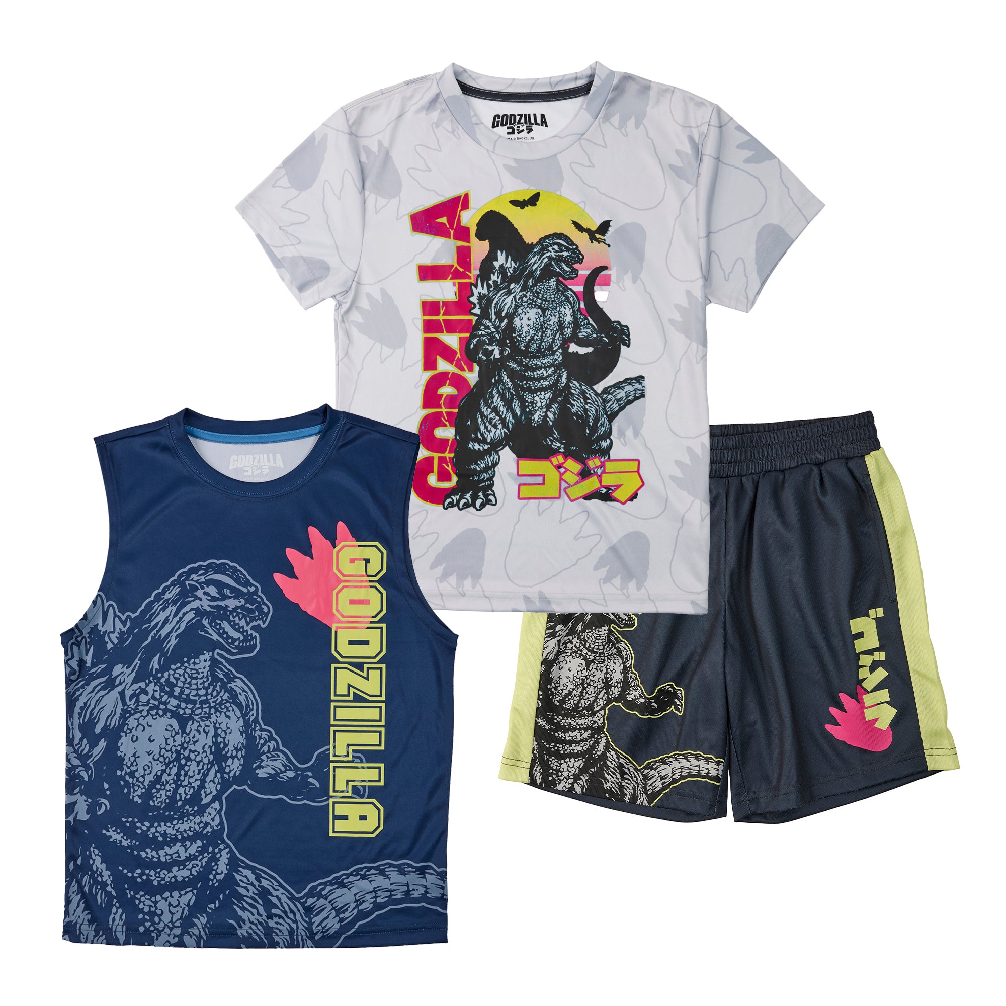 Godzilla Classic Youth Boy Muscle Shirt, Short-Sleeve Tee, and Lounge Shorts 3-Piece Combo Set