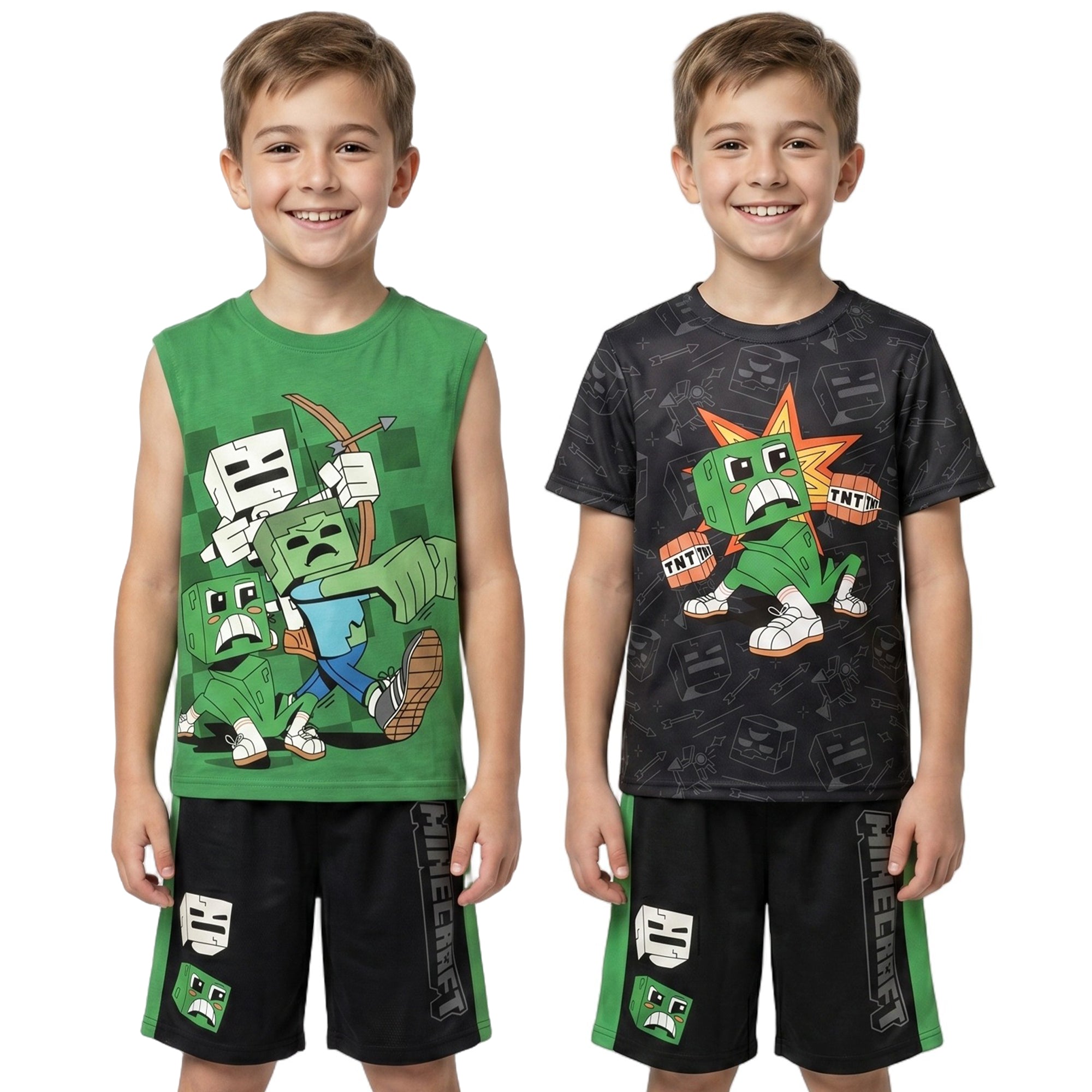 Minecraft Creepers And Pale Creepers Youth Boy Muscle Shirt, Short-Sleeve Tee, and Lounge Shorts 3-Piece Combo Set