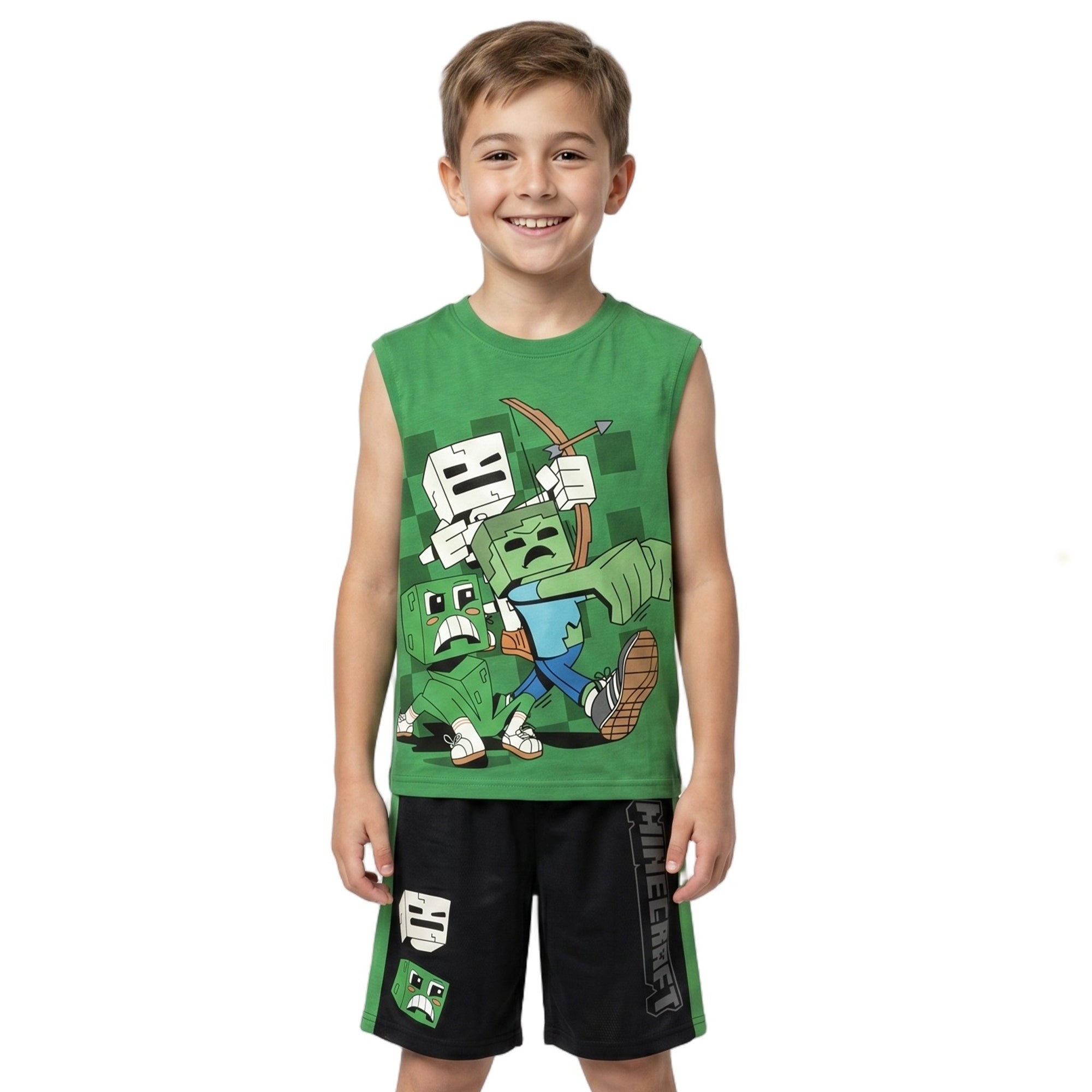 Minecraft Creepers And Pale Creepers Youth Boy Muscle Shirt, Short-Sleeve Tee, and Lounge Shorts 3-Piece Combo Set