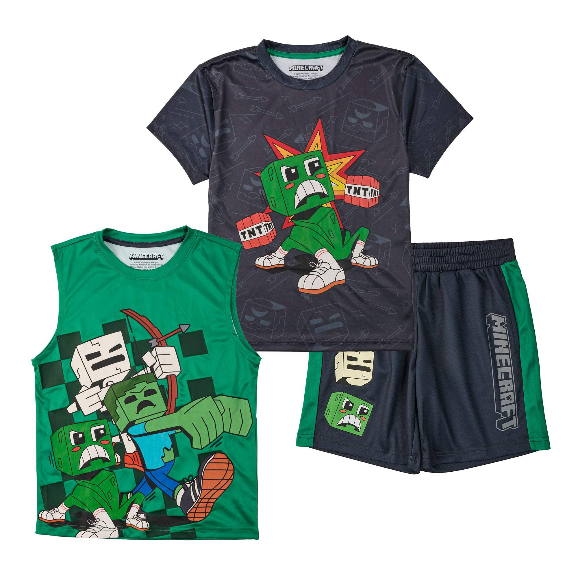 Minecraft Creepers And Pale Creepers Youth Boy Muscle Shirt, Short-Sleeve Tee, and Lounge Shorts 3-Piece Combo Set
