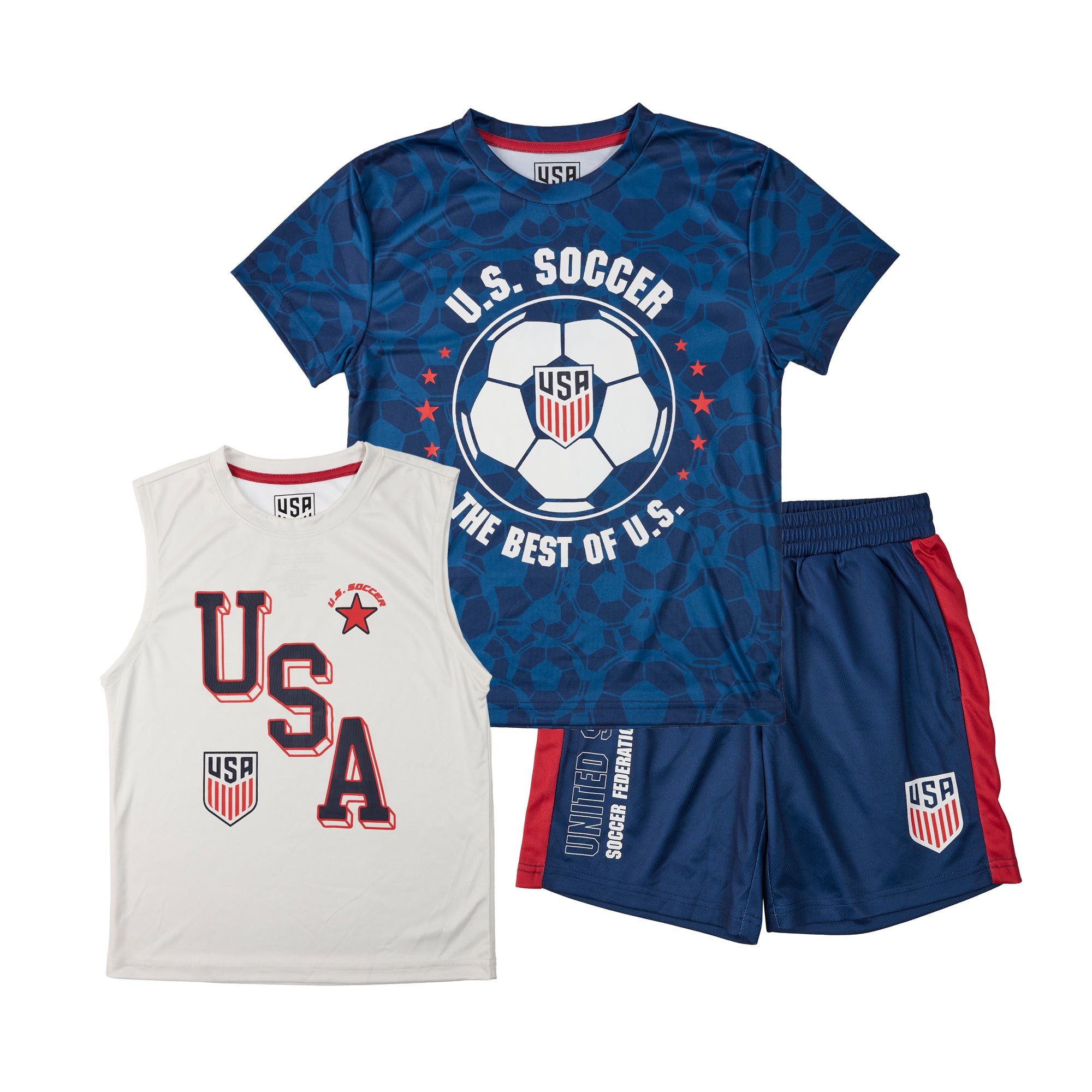 U.S. Soccer Federation Team USA Youth Boy Muscle Shirt, Short-Sleeve Tee, and Lounge Shorts 3-Piece Combo Set
