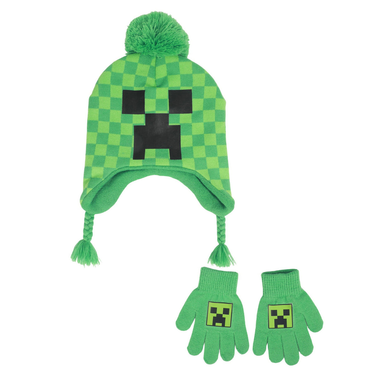 Minecraft Creeper Jacquard Knit Peruvian Hat and Gloves Set for Kids