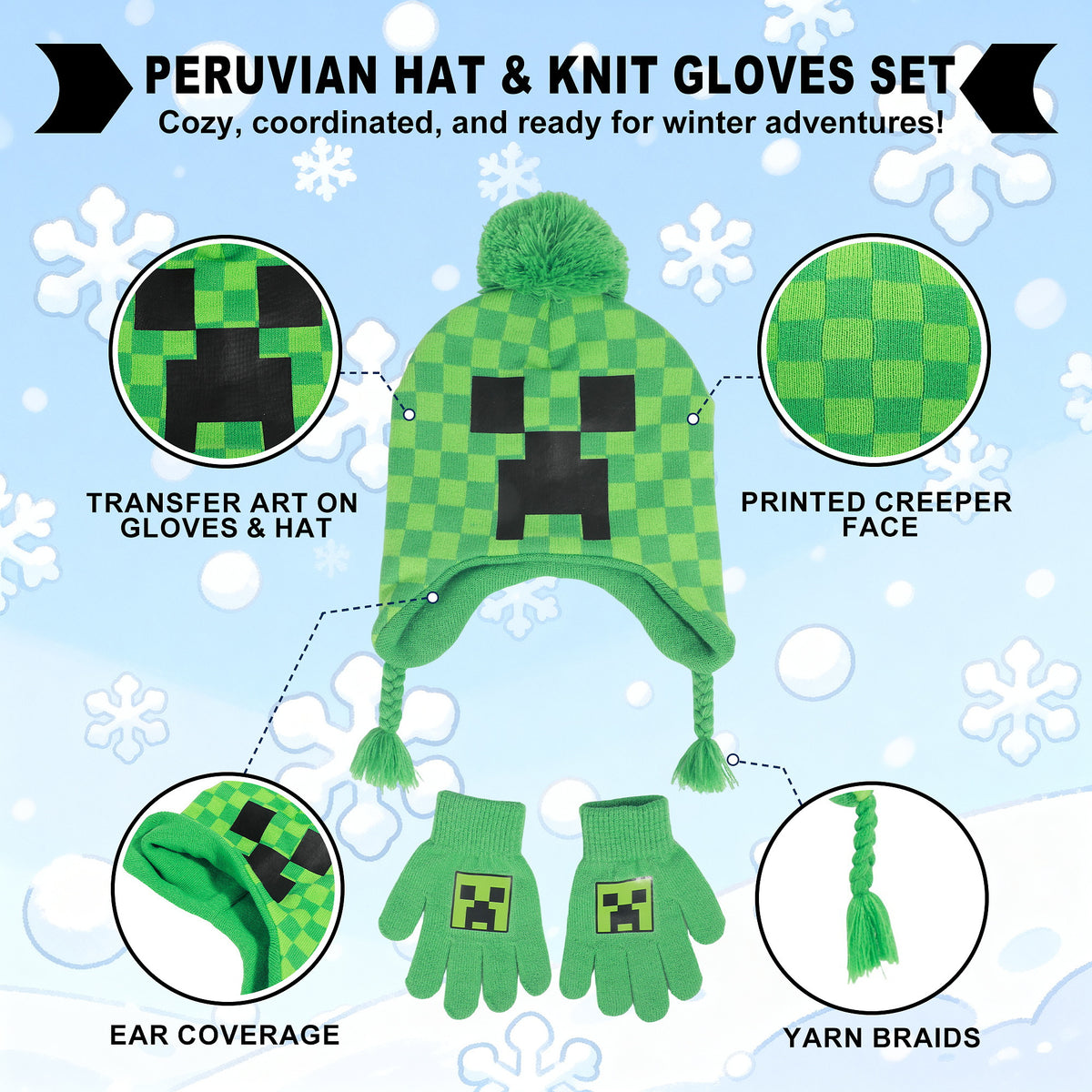 Minecraft Creeper Jacquard Knit Peruvian Hat and Gloves Set for Kids