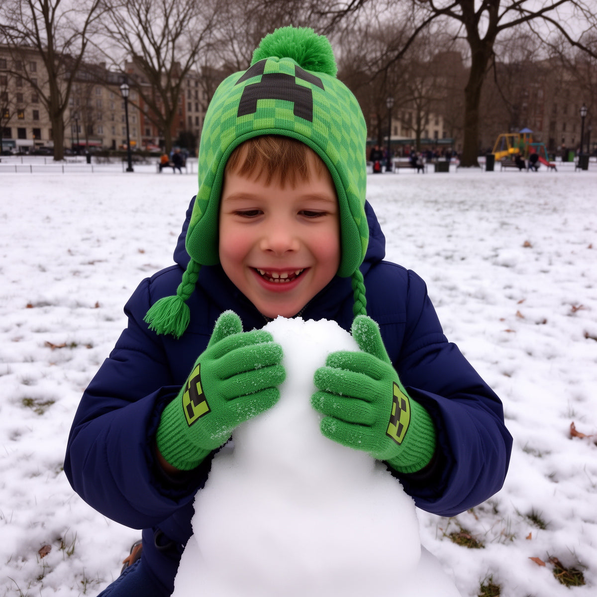 Minecraft Creeper Jacquard Knit Peruvian Hat and Gloves Set for Kids