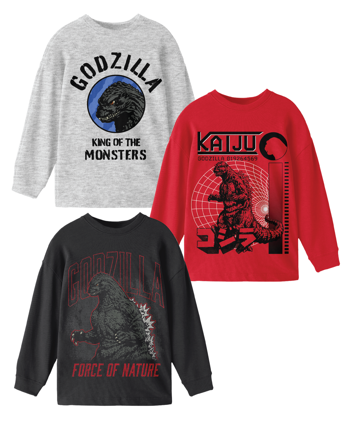 Godzilla Classic Boys 3 Pack Longsleeve Tees in Red Black Grey