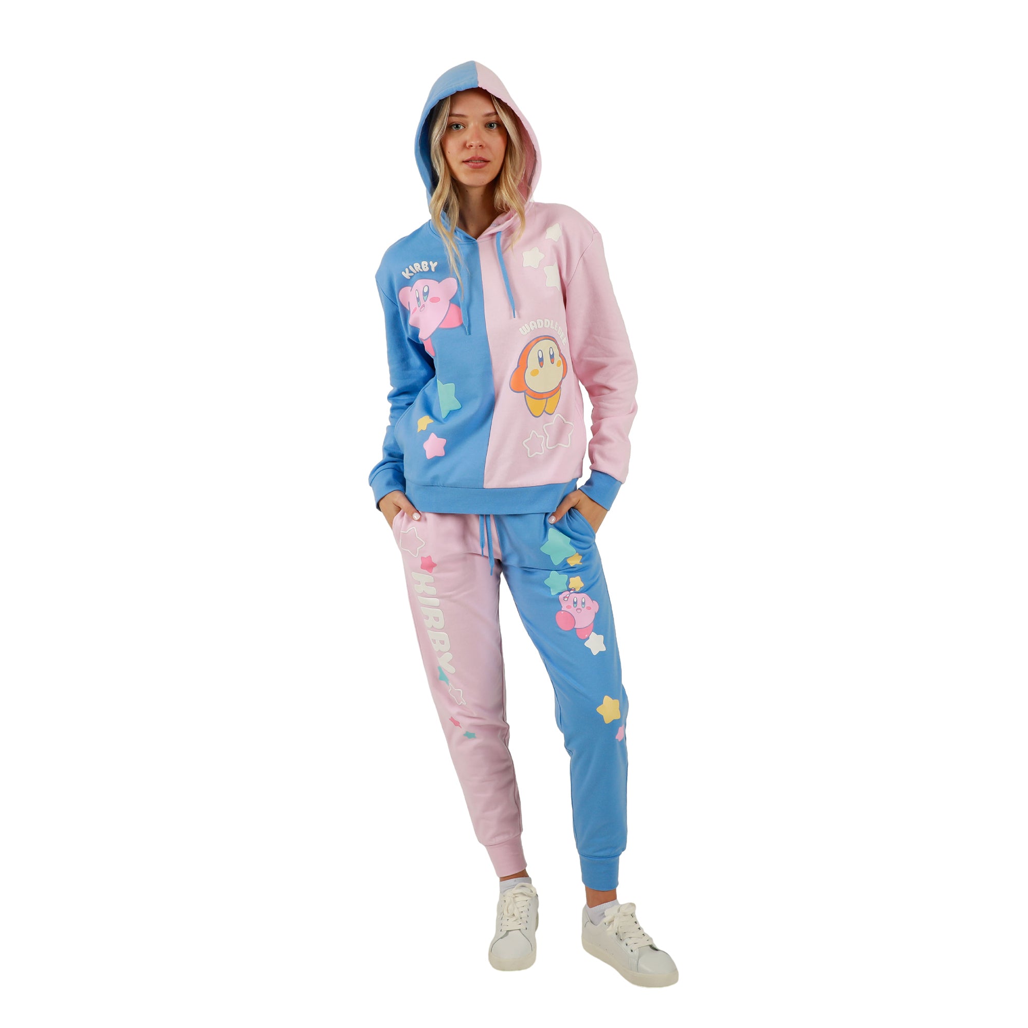 Kirby and Waddle Dee Pink and Blue Color Block Hoodie and Jogger Combo