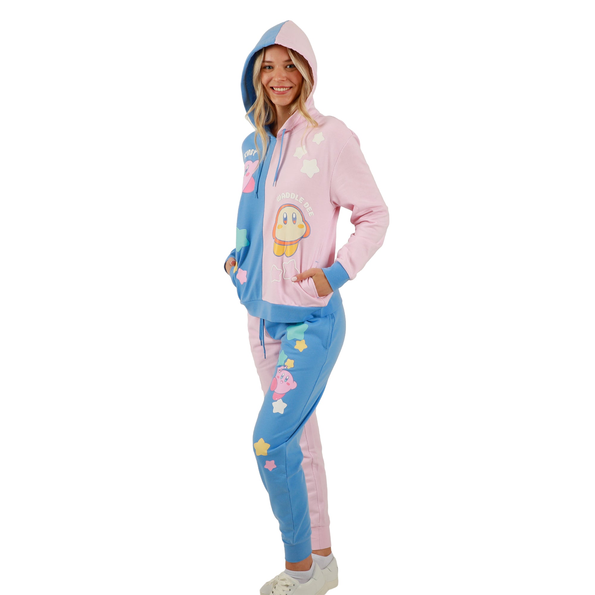 Kirby and Waddle Dee Pink and Blue Color Block Hoodie and Jogger Combo