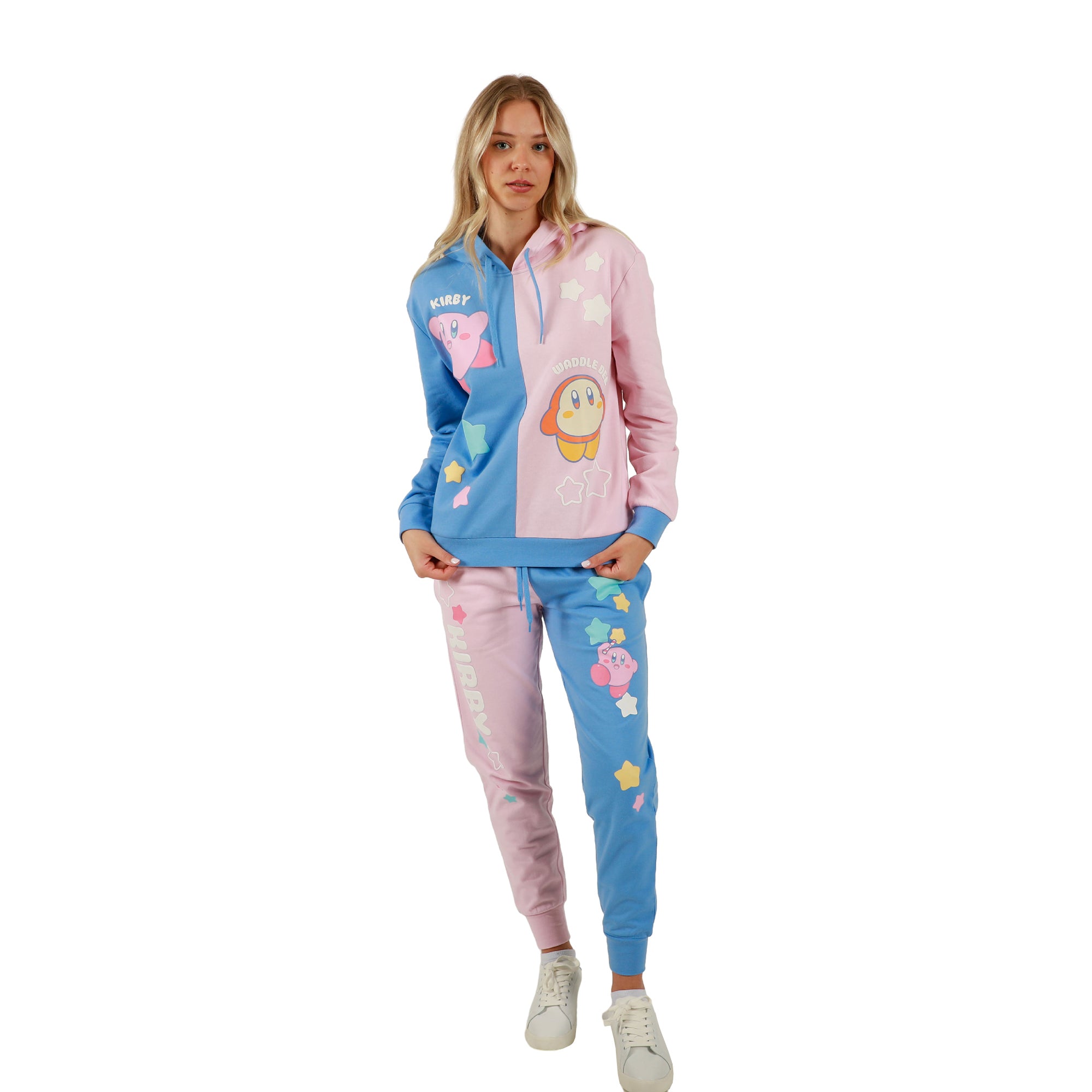 Kirby and Waddle Dee Pink and Blue Color Block Hoodie and Jogger Combo
