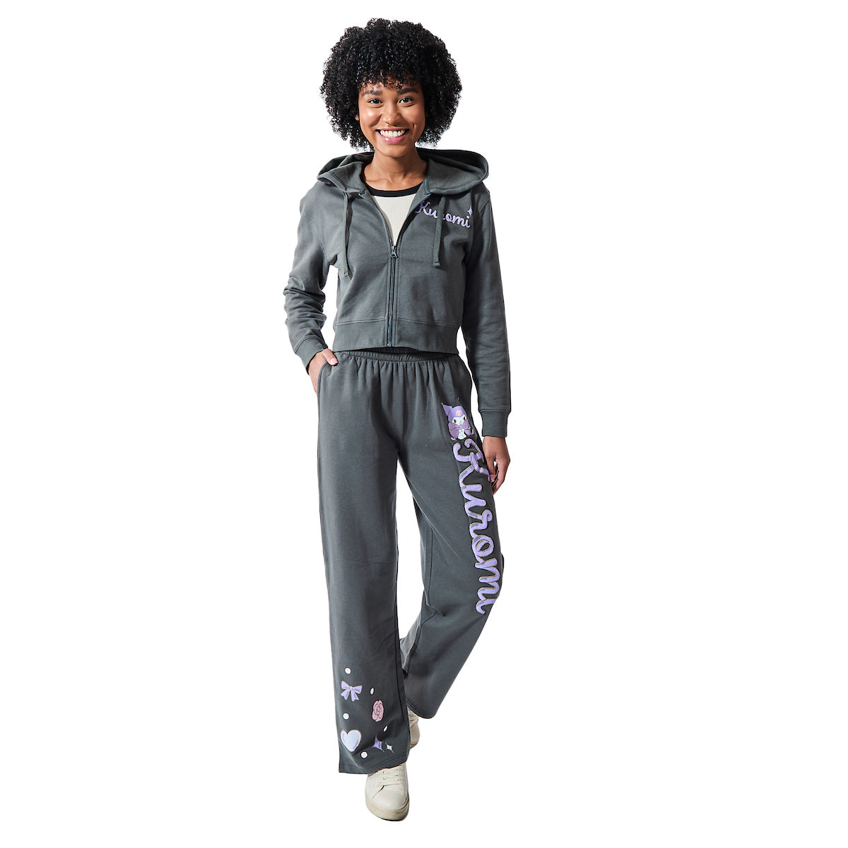 Kuromi Hearts & Bows Women's 2-Pack Charcoal Long Sleeve Crop Hoodie & Joggers Combo Set