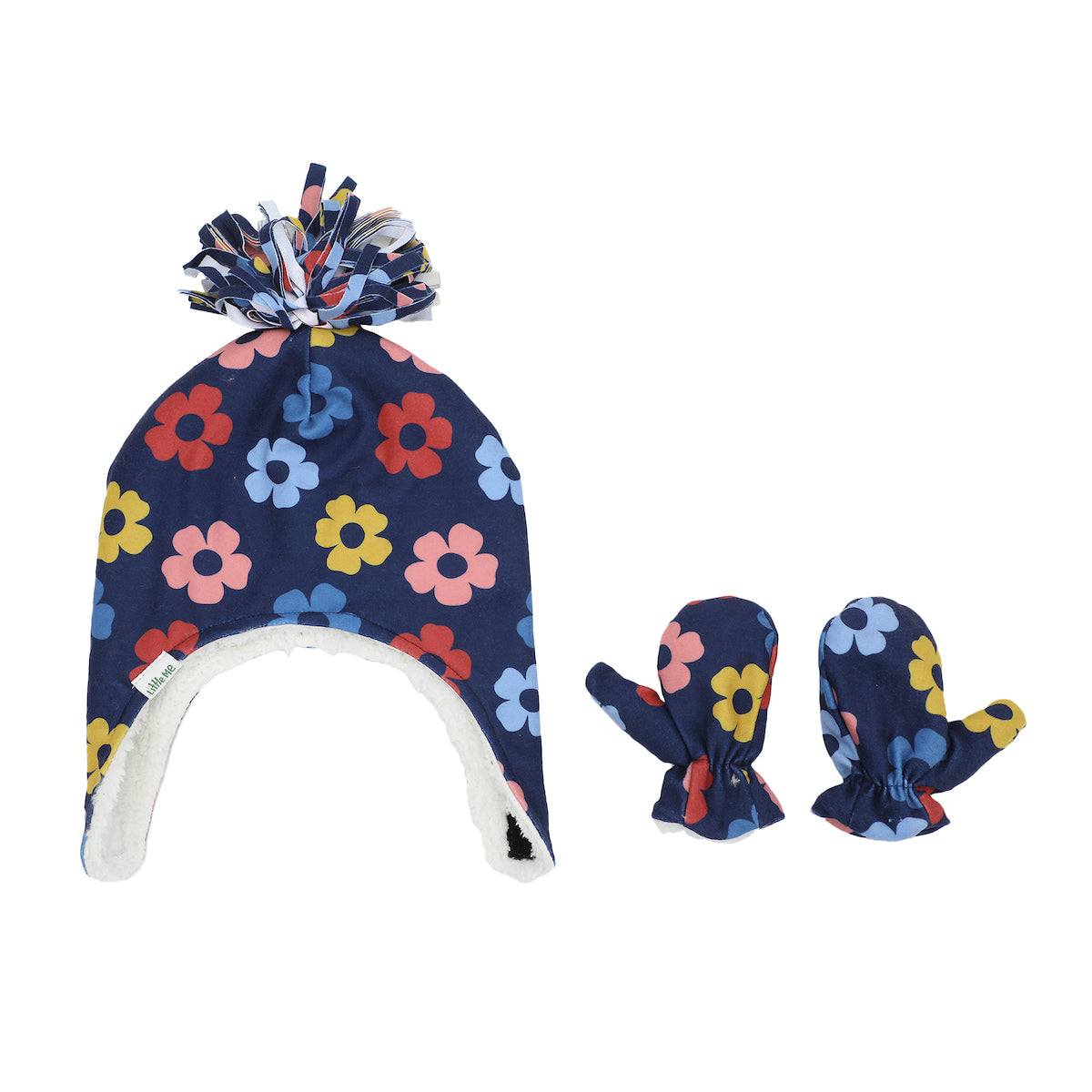 Little Me Fleece Lined Floral Infant/Toddler Pilot Cap and Mittens Set