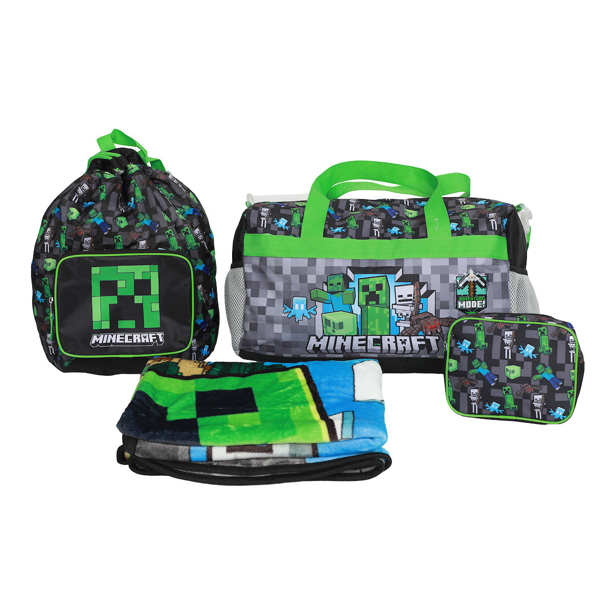 Minecraft Creeper 4-Piece Travel Set - Duffel Bag, Drawstring Backpack, Throw Blanket & Toiletry Bag