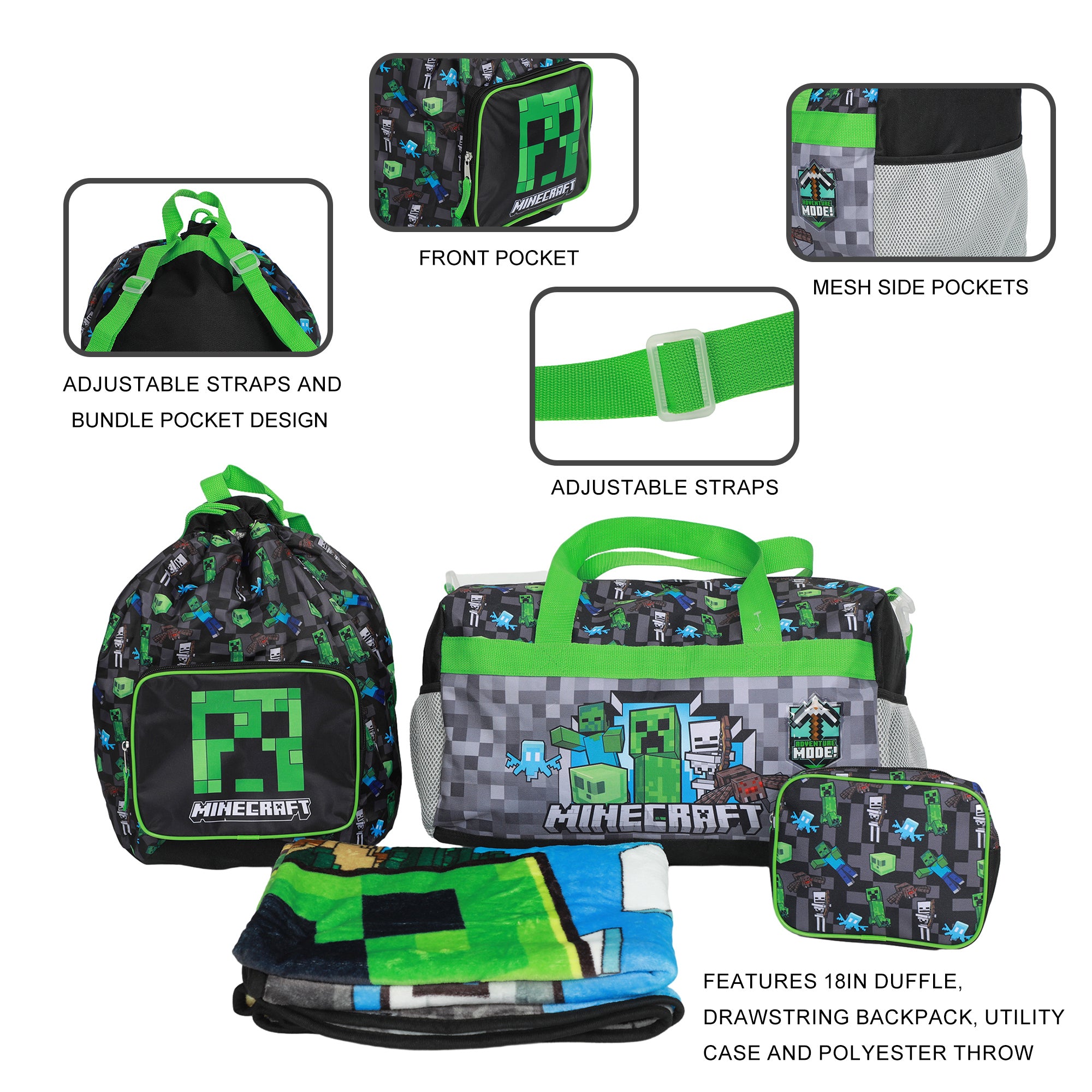 Minecraft Creeper 4-Piece Travel Set - Duffel Bag, Drawstring Backpack, Throw Blanket & Toiletry Bag