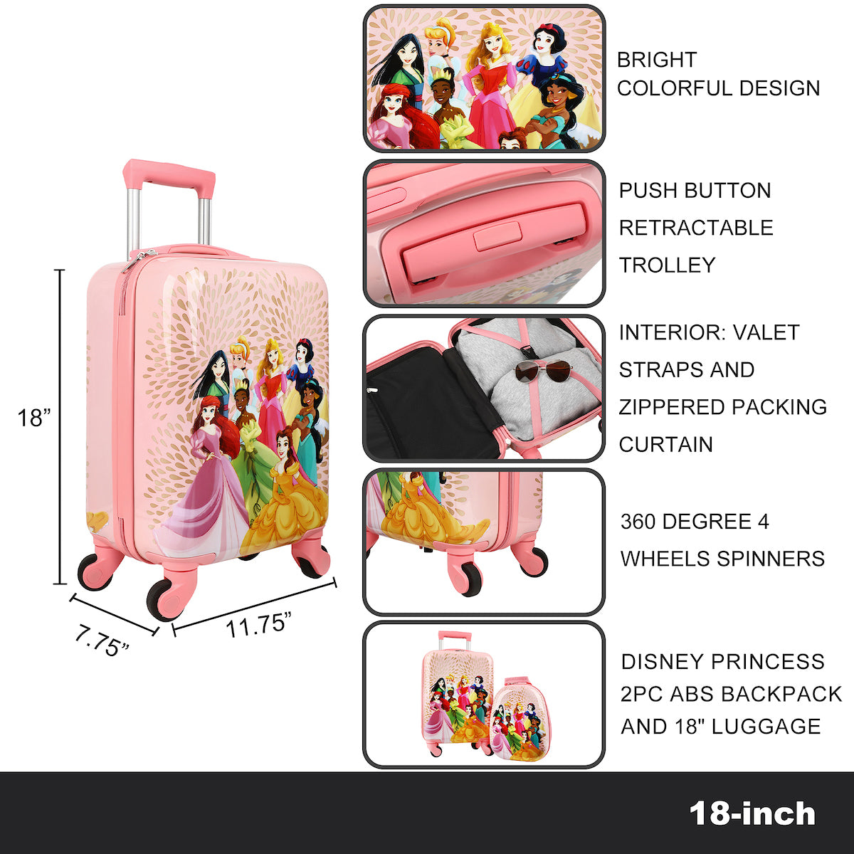 Disney Princess Character Art 2-Pack Backpack and 18" Luggage Set
