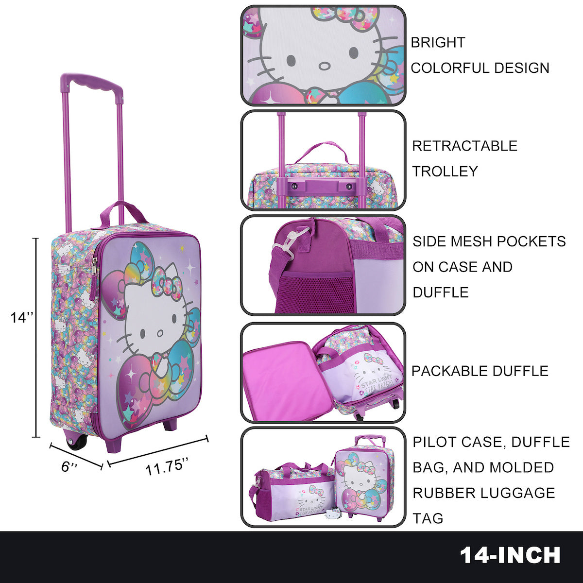 Hello Kitty Starshine 3-Piece Youth Pilot Case Duffle Bag & Luggage Tag Carry On Luggage
