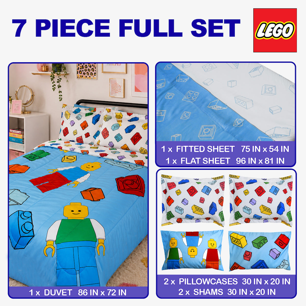 Lego Classic Explore 7 Piece Comforter Set for Kids, Light Blue
