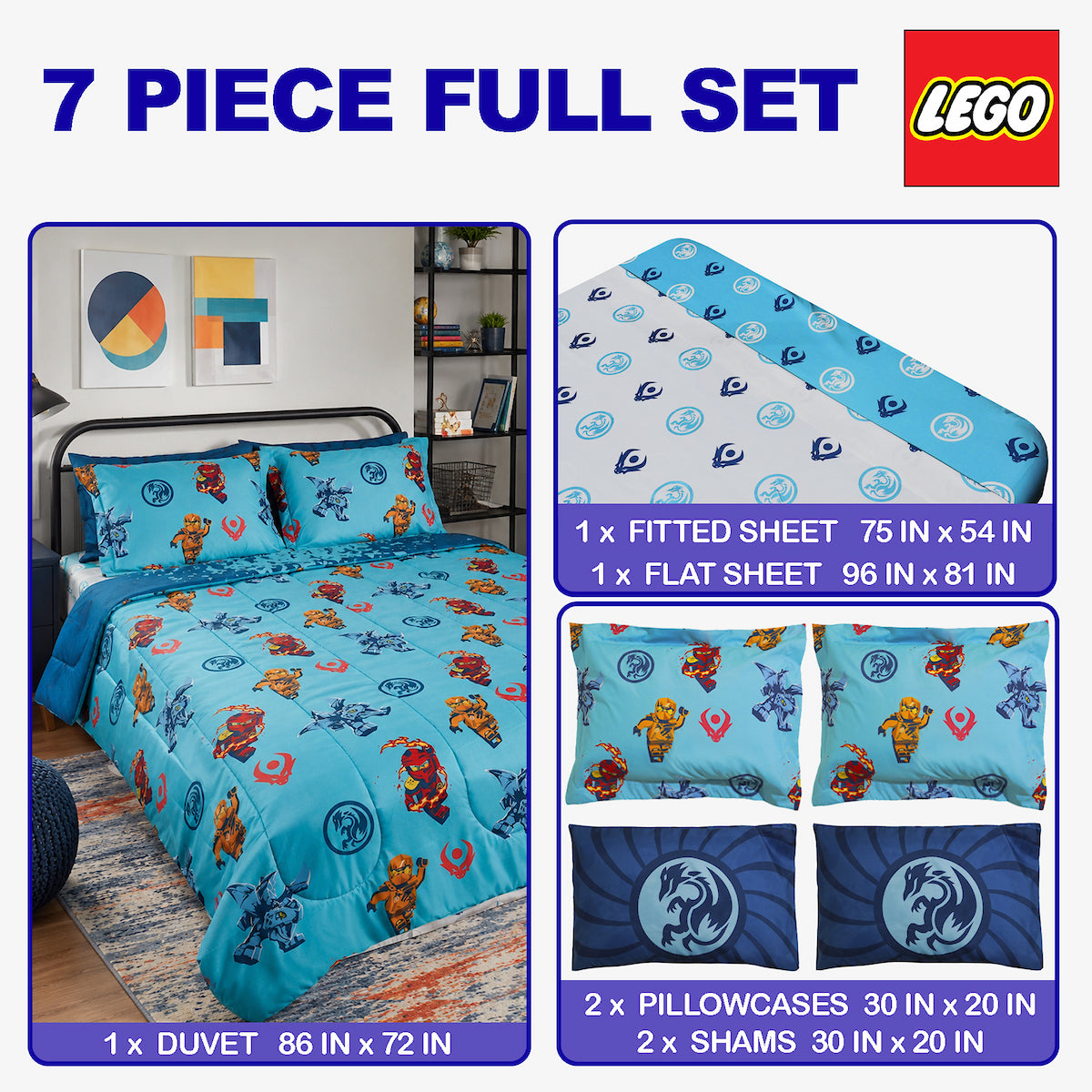 LEGO Ninjago Smash Full Comforter 7 Piece Set For Kids Bedding