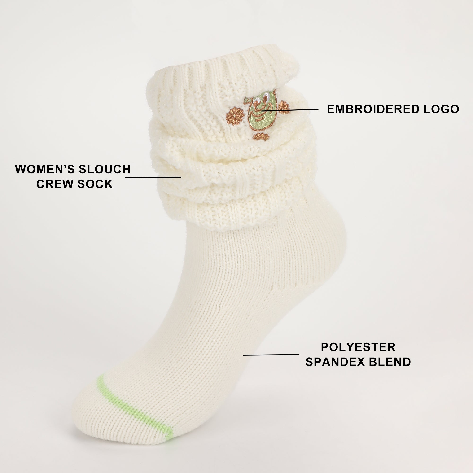 Shrek Embroidered Character Art Flowers Women's Slouch Crew Socks