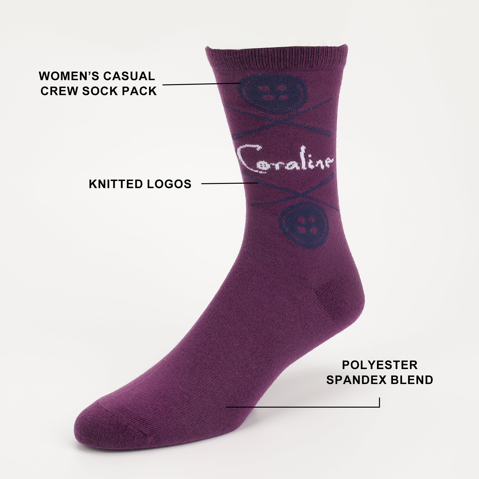 Coraline Mixed Icons Womens Casual Crew Socks 5 Pack