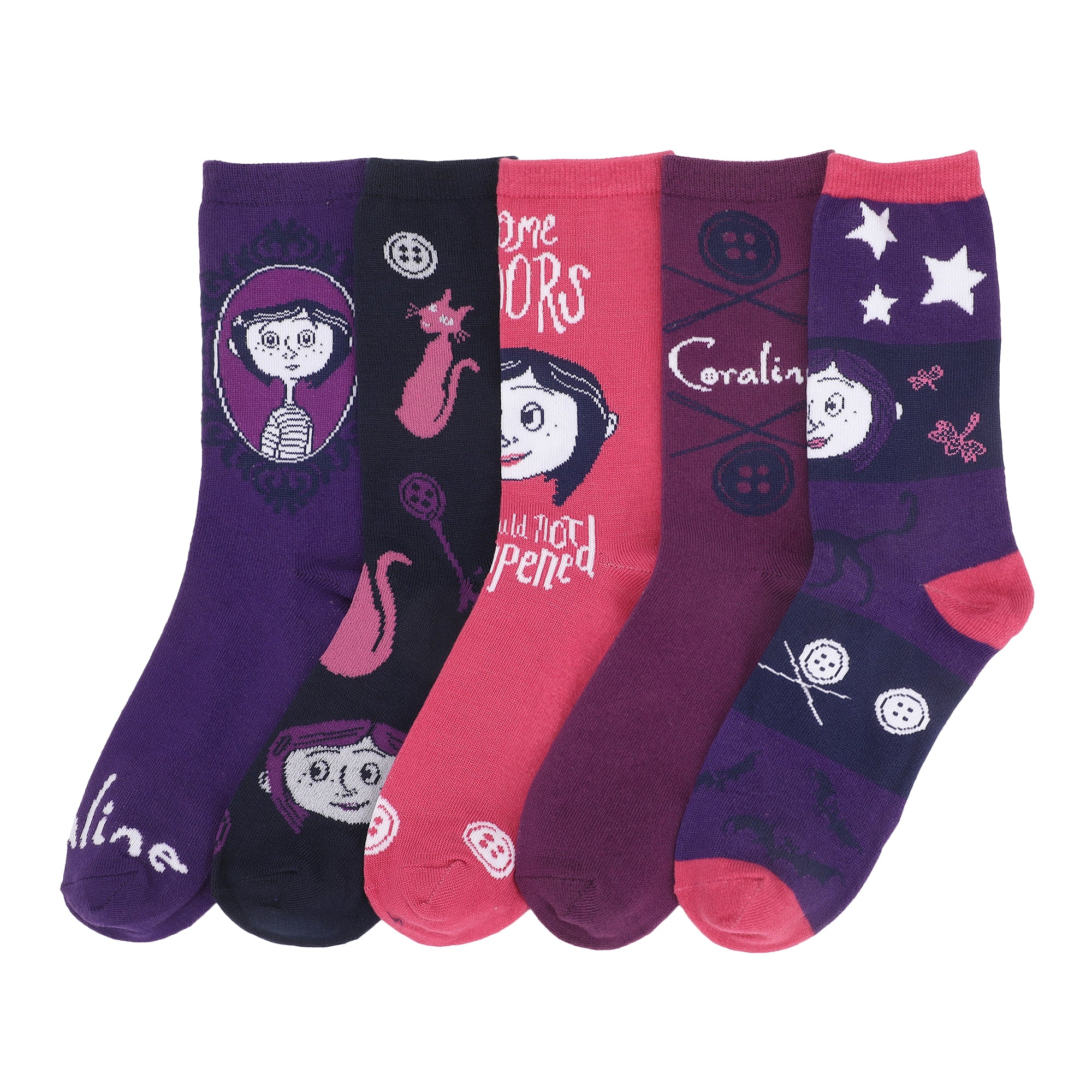 Coraline Mixed Icons Womens Casual Crew Socks 5 Pack