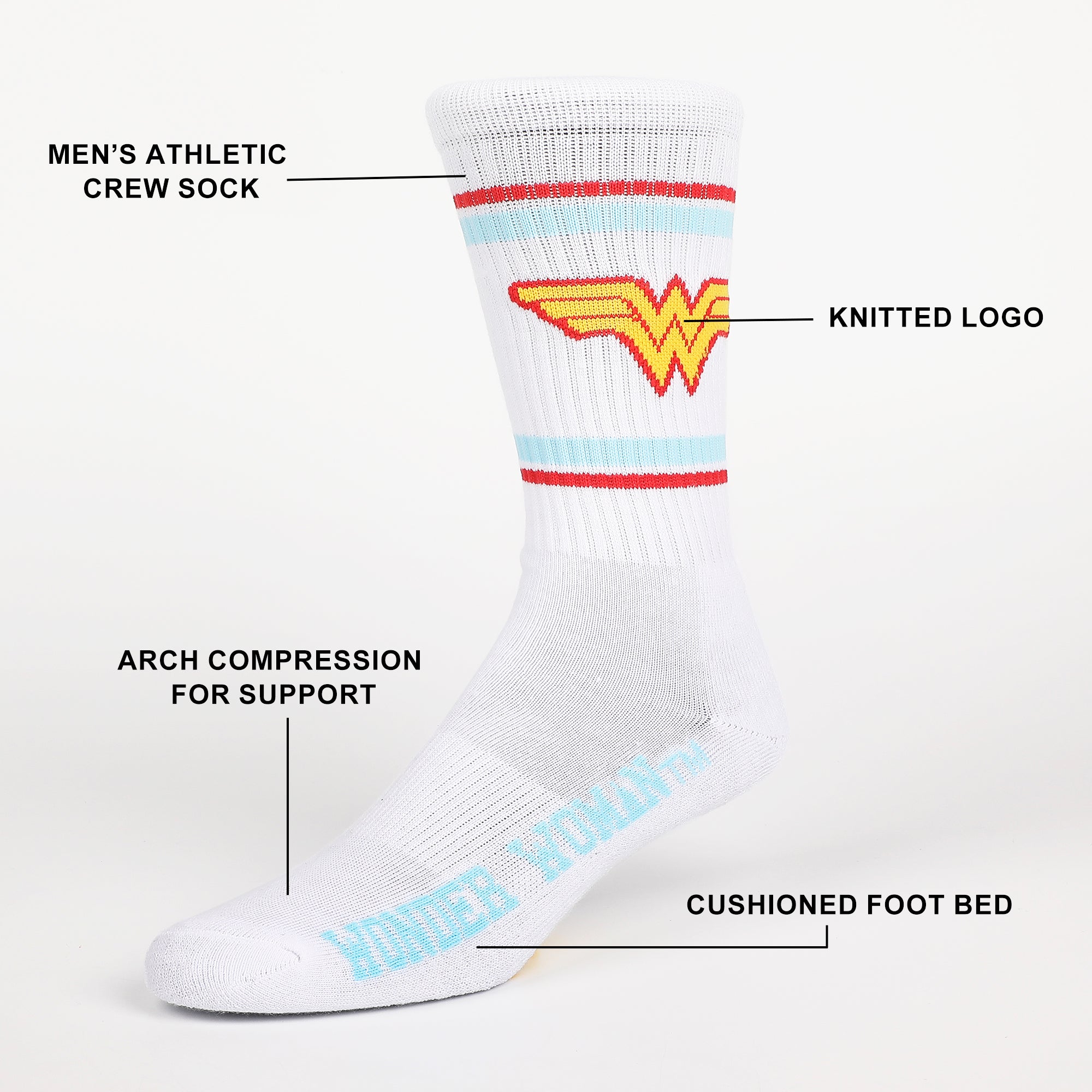 Wonder Woman Blue and Red Striped Mens Athletic Crew Socks