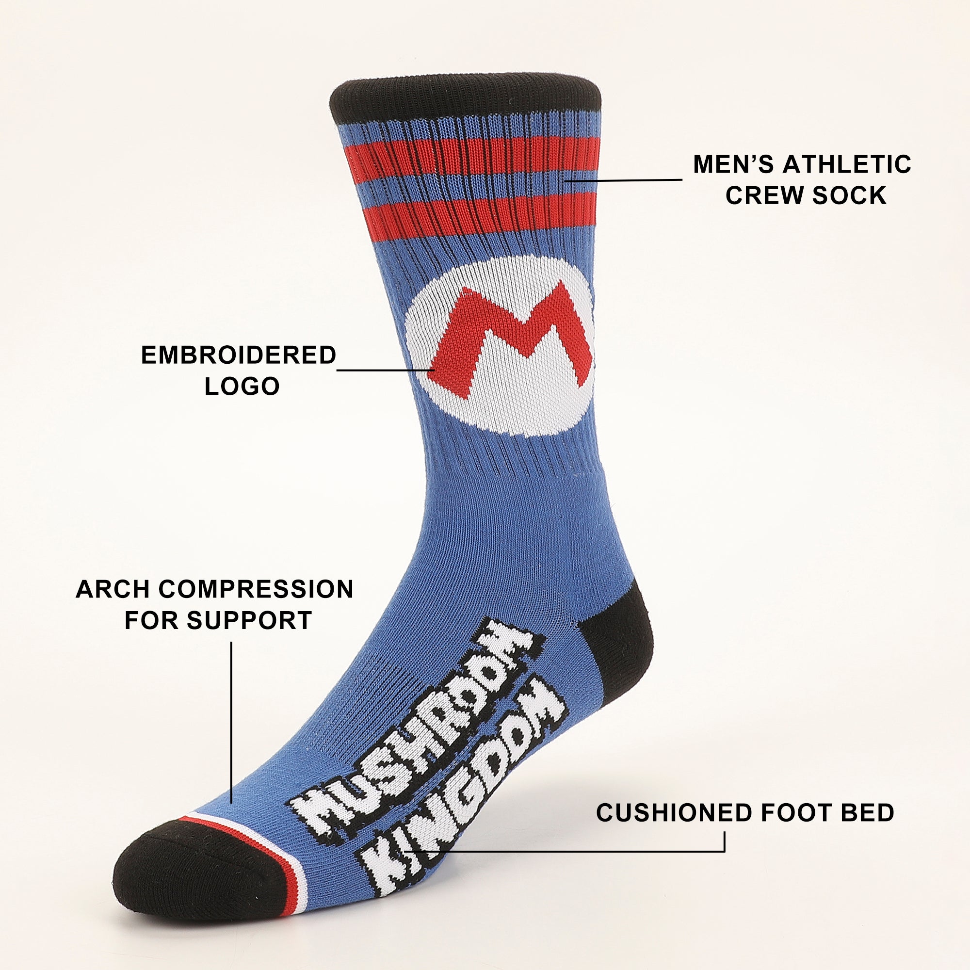 Super Mario Bros Mushroom Kingdom Mens Athletic Crew Socks