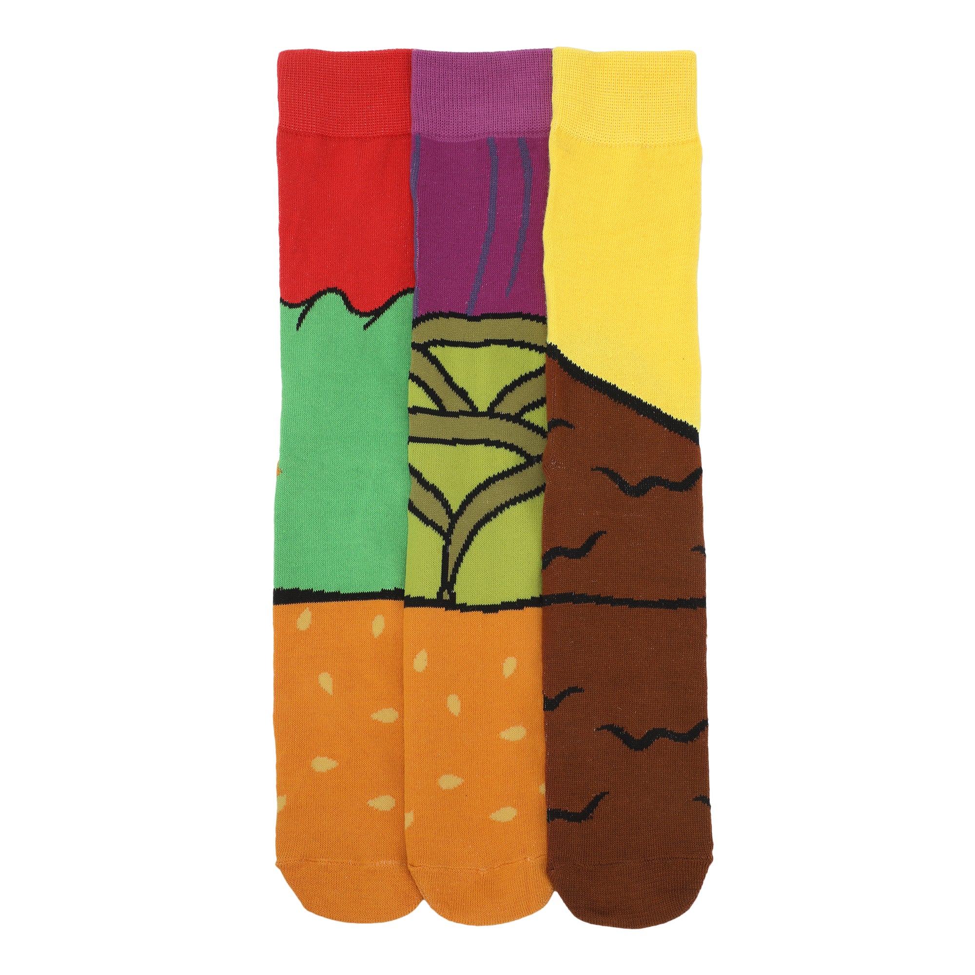 Cheeseburger Meat & Toppings Men's 3-Pair Pack Casual Crew Socks-OSFA
