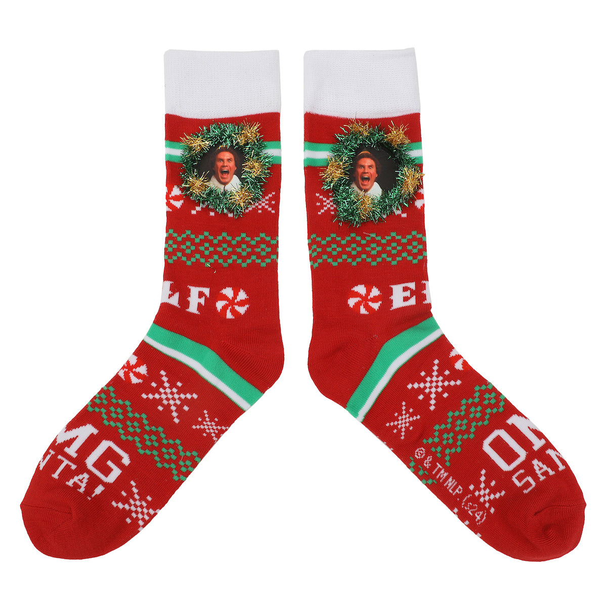 Elf OMG Santa Christmas Sweater Adult Red Casual Crew Socks With 3D Tinsel Wreath