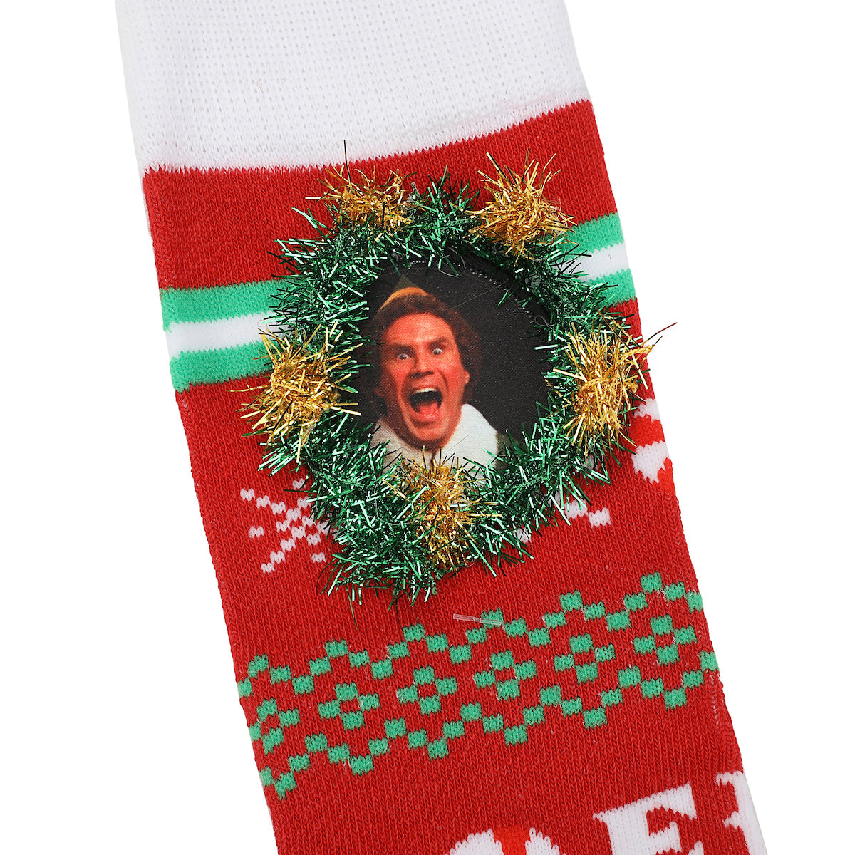 Elf OMG Santa Christmas Sweater Adult Red Casual Crew Socks With 3D Tinsel Wreath