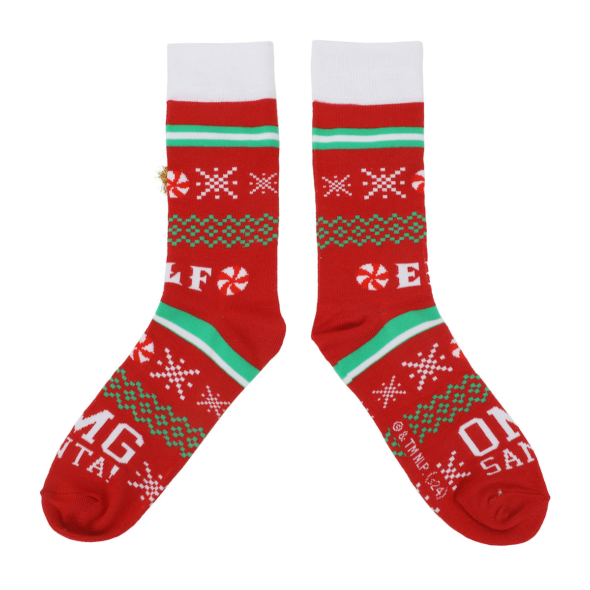 Elf OMG Santa Christmas Sweater Adult Red Casual Crew Socks With 3D Tinsel Wreath