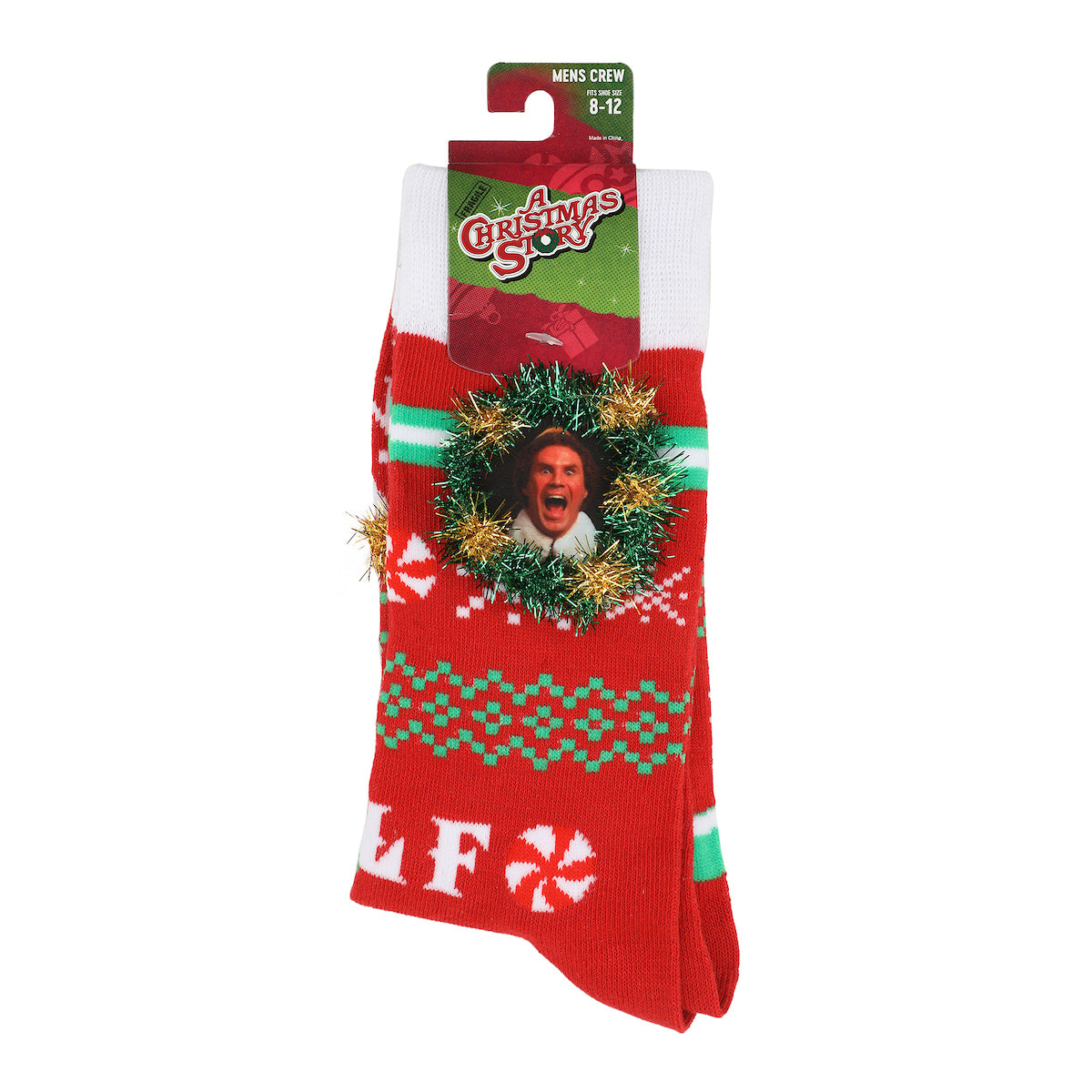Elf OMG Santa Christmas Sweater Adult Red Casual Crew Socks With 3D Tinsel Wreath