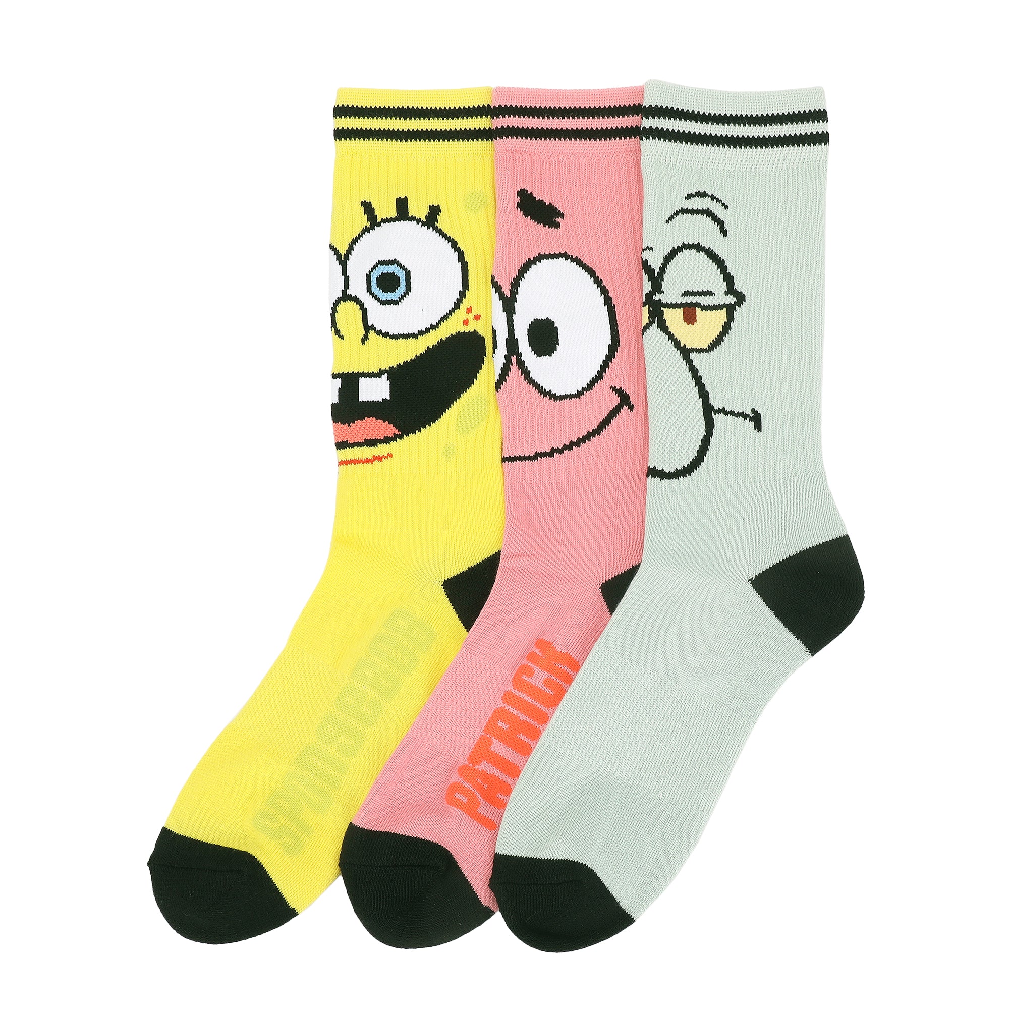 Spongebob Squarepants Big Face Spongebob Patrick and Squidward Mens Athletic Crew Socks 3 Pack
