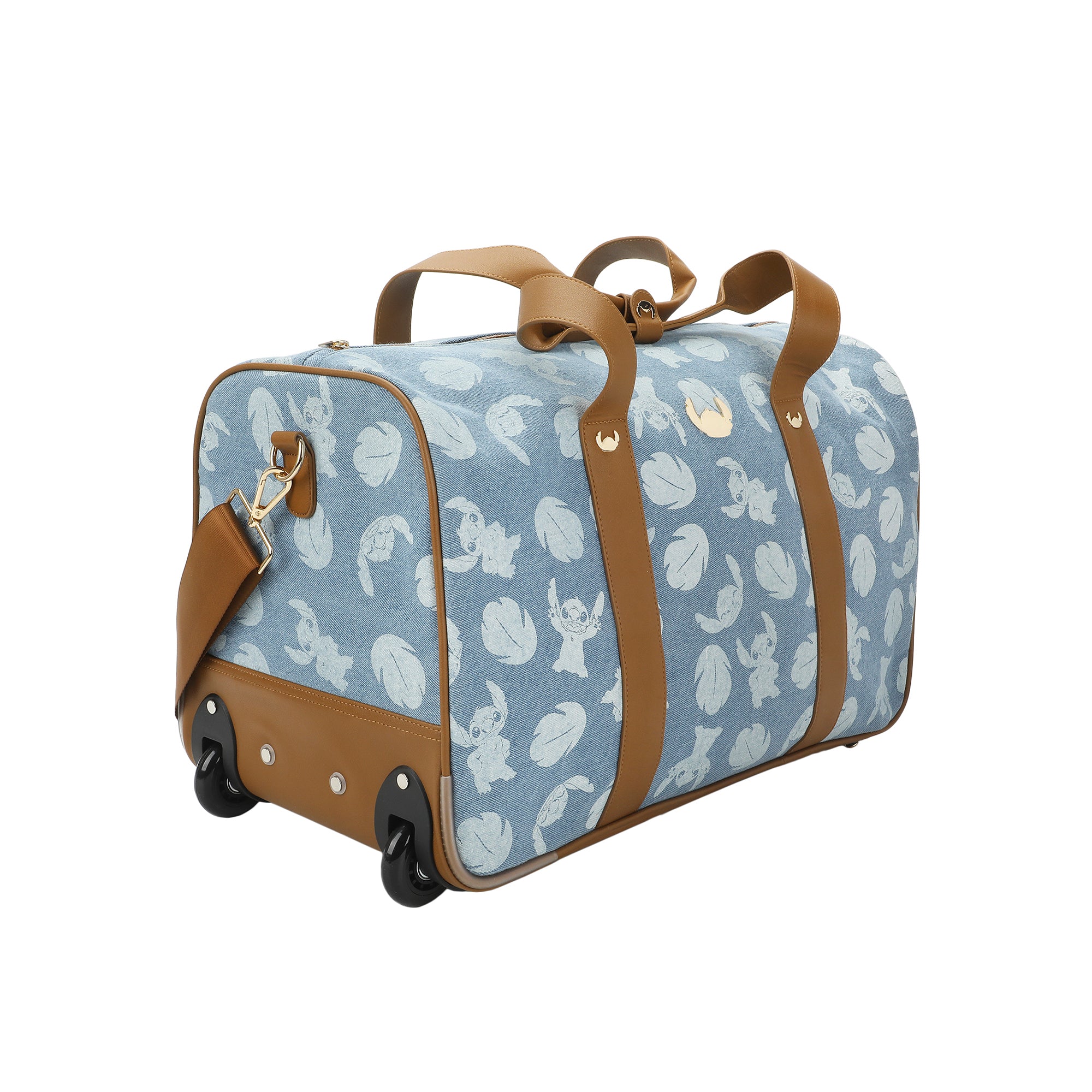 Disney Stitch Character Print 21" Adult Blue Denim Rolling Duffel Bag