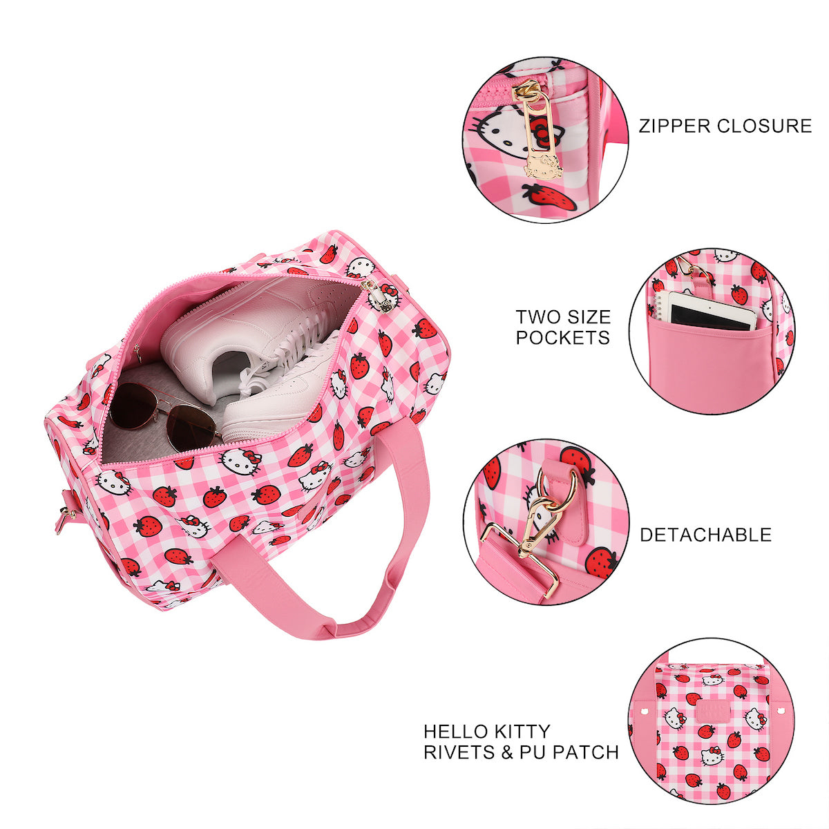 Hello Kitty Character & Strawberries All-Over Print Pink Plaid 20" Duffel Bag