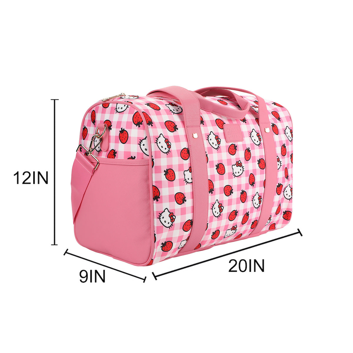Hello Kitty Character & Strawberries All-Over Print Pink Plaid 20" Duffel Bag