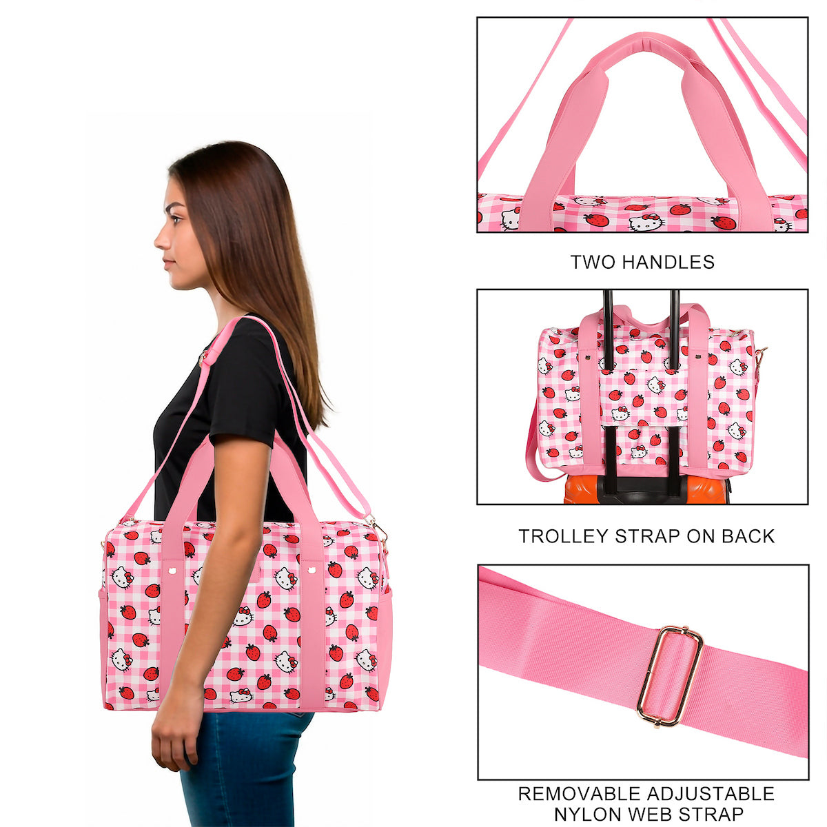 Hello Kitty Character & Strawberries All-Over Print Pink Plaid 20" Duffel Bag