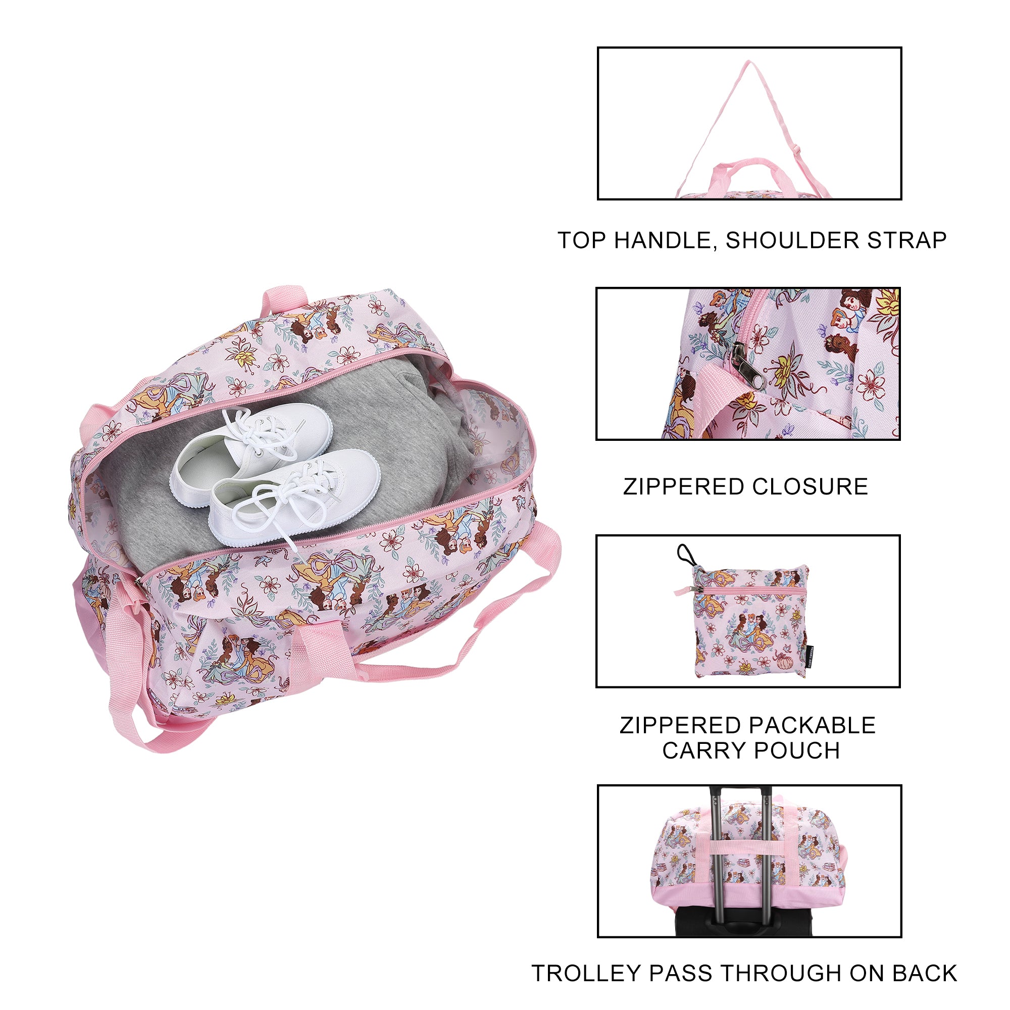 Disney Princess AOP Packable Pink Duffle Bag for Travel