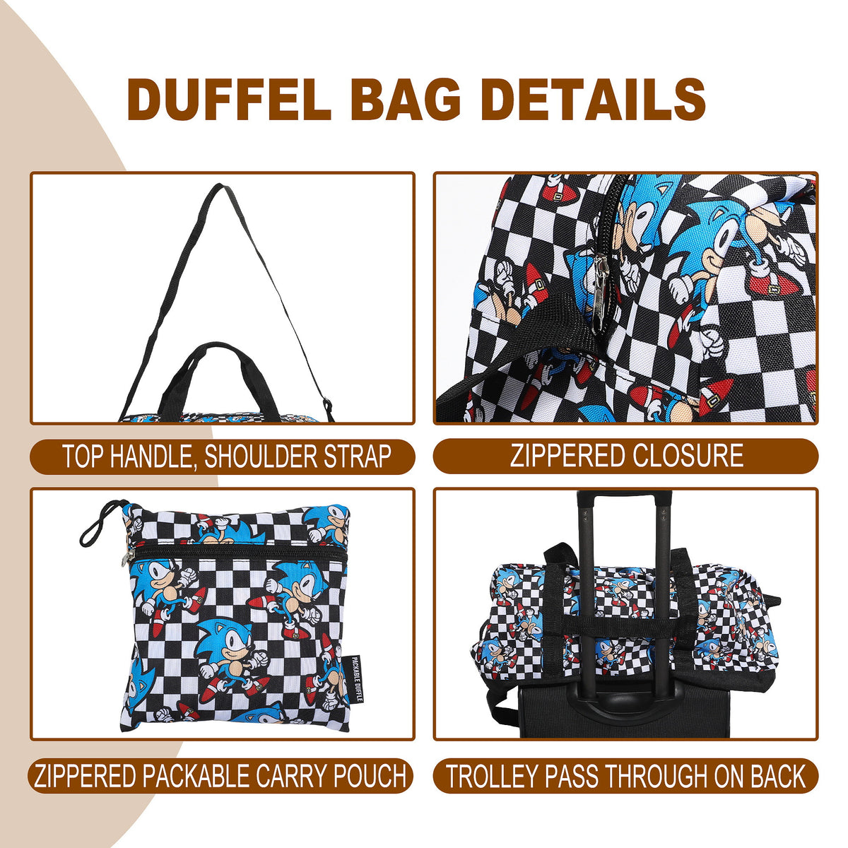Sonic The Hedgehog Checkerboard AOP Packable Duffle Bag