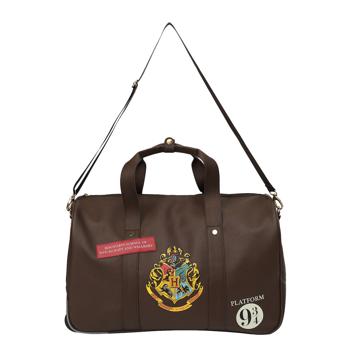Harry Potter Rolling PU Duffle Bag - Officially Licensed Travel Luggage with Patches and Applique in Brown