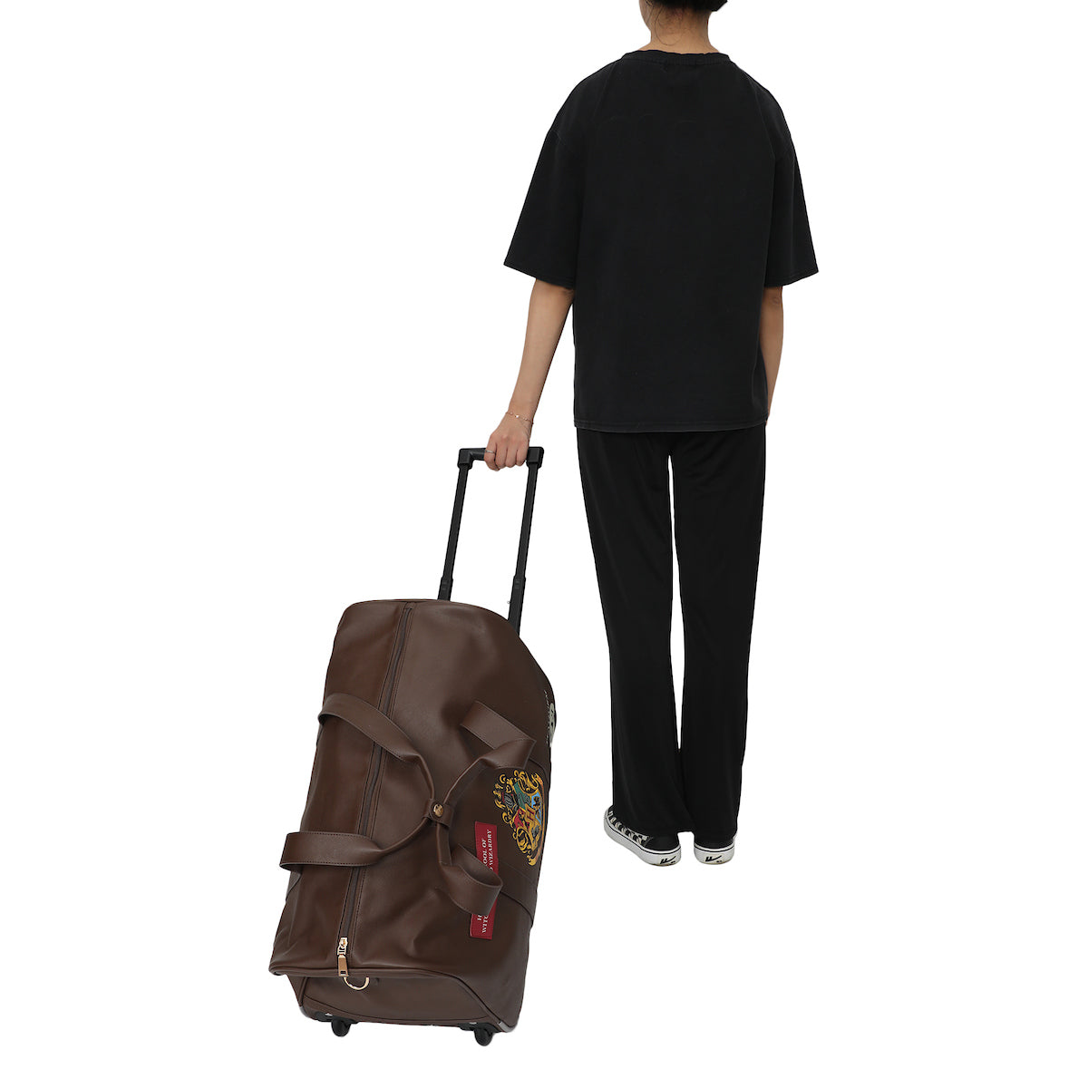 Harry Potter Rolling PU Duffle Bag - Officially Licensed Travel Luggage with Patches and Applique in Brown