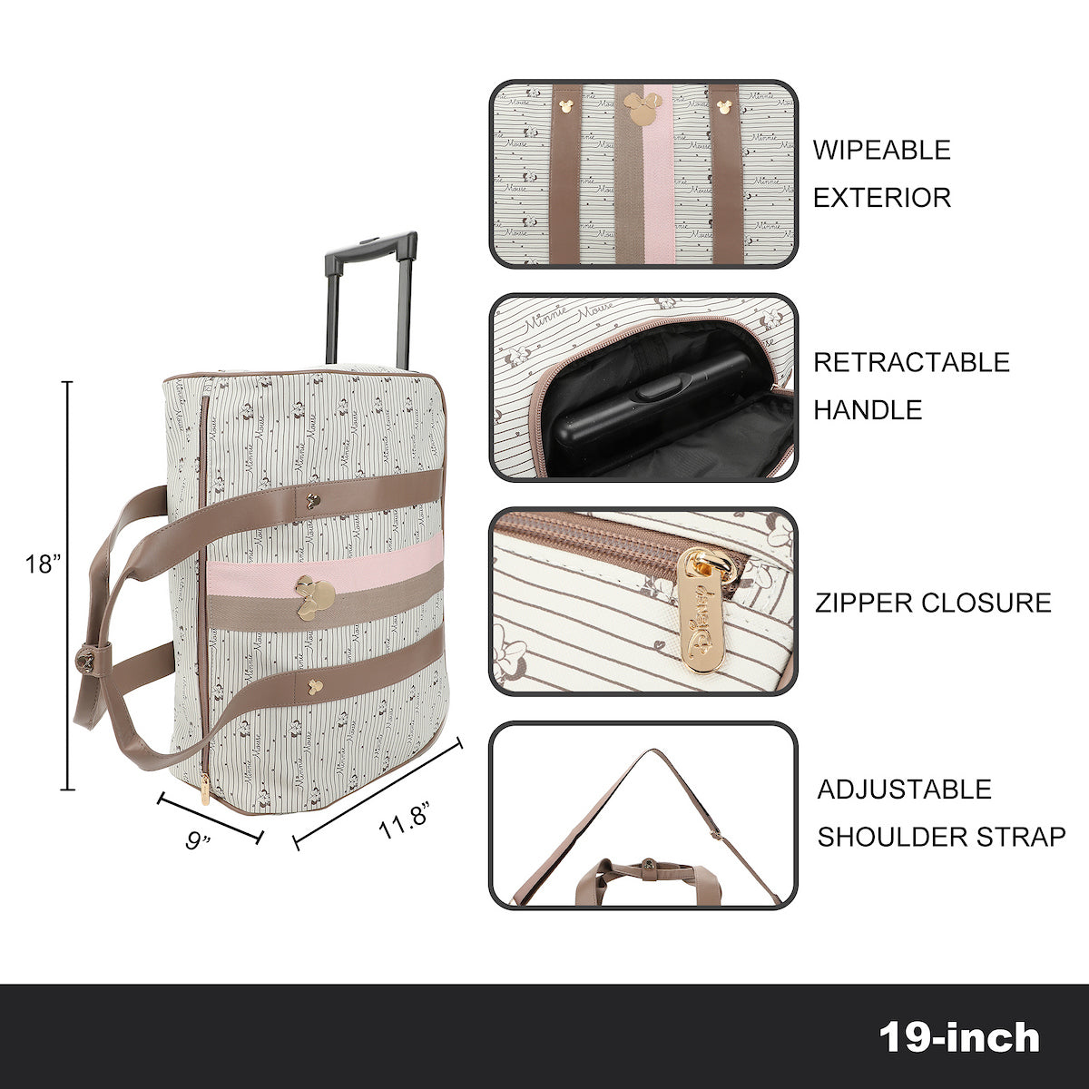 Disney Minnie Mouse Character art & Emblems Taupe 18" Rolling Duffle Bag