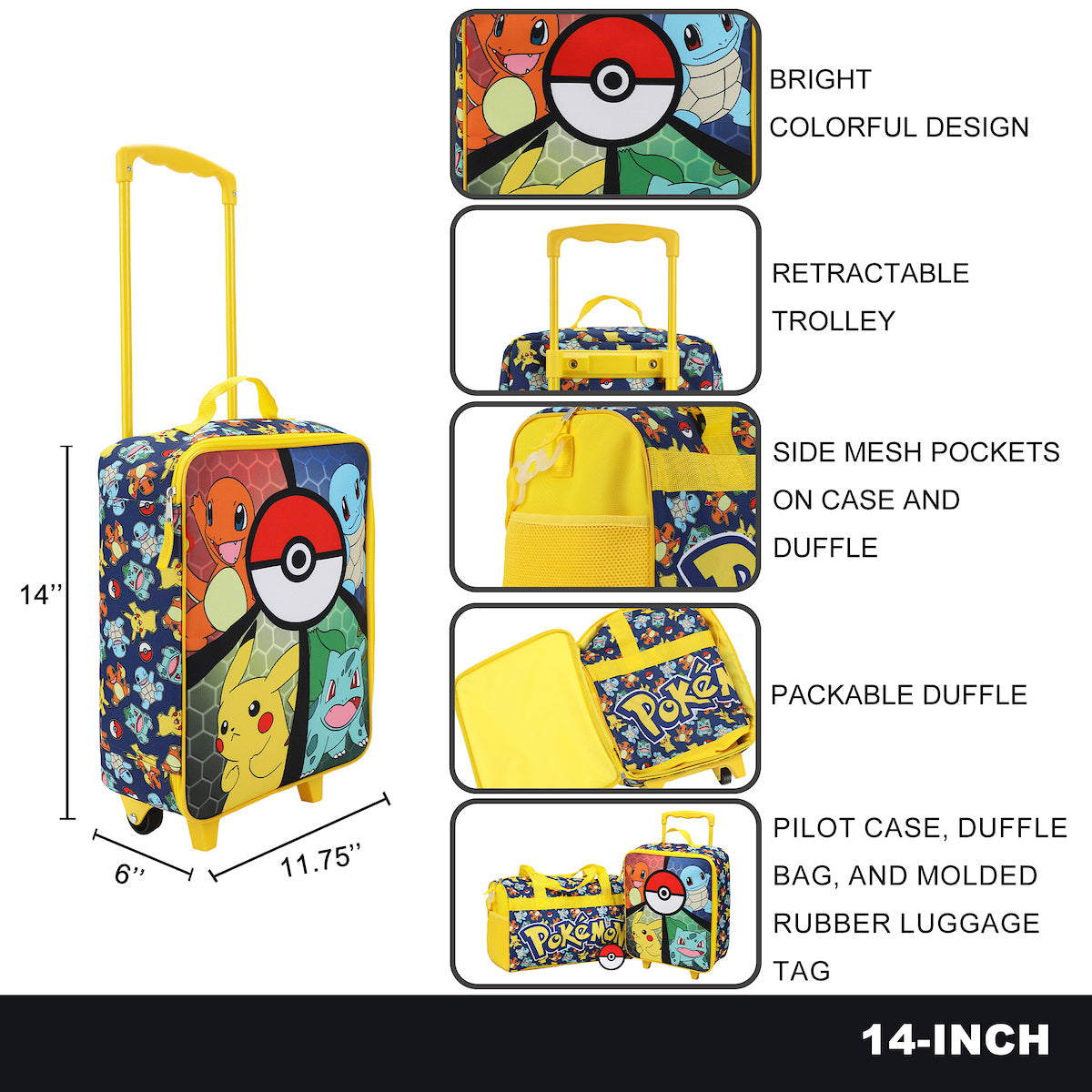 Pokémon Youth 3-Piece Pilot Case Duffle Bag & Luggage Tag Carry On Travel Set
