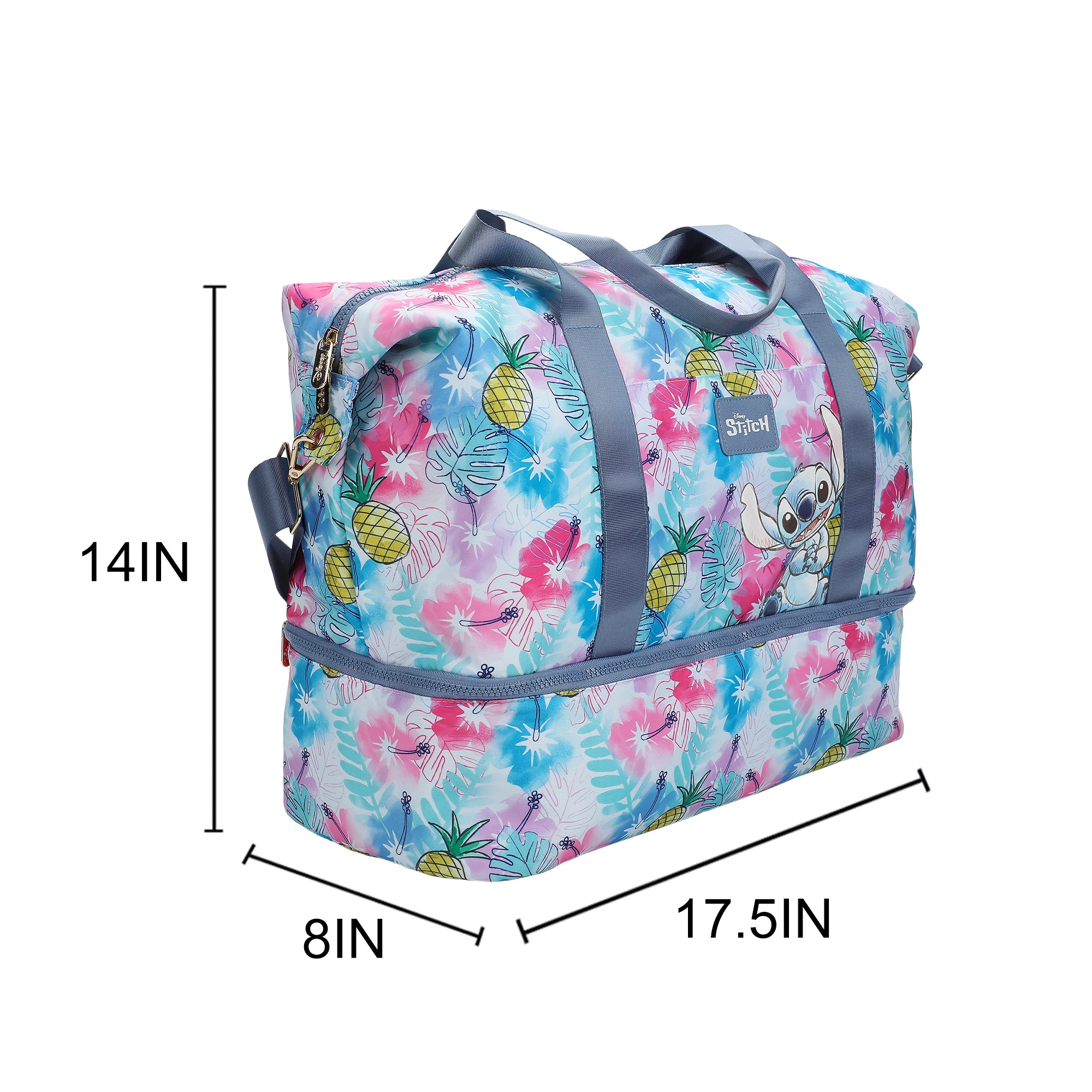 Disney Stitch Embroidered Character Art On Tropical Print 17.5" Duffle Bag