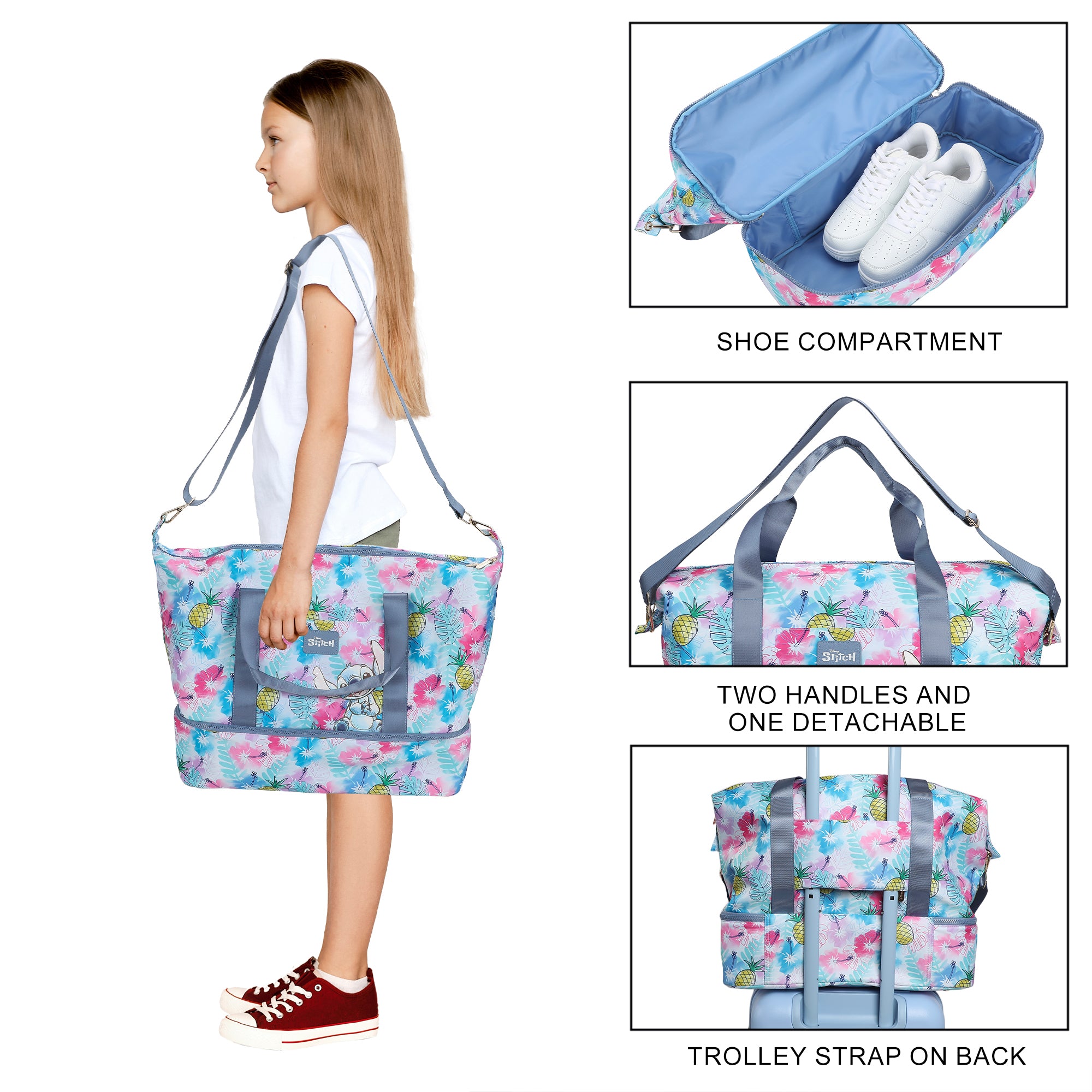 Disney Stitch Embroidered Character Art On Tropical Print 17.5" Duffle Bag