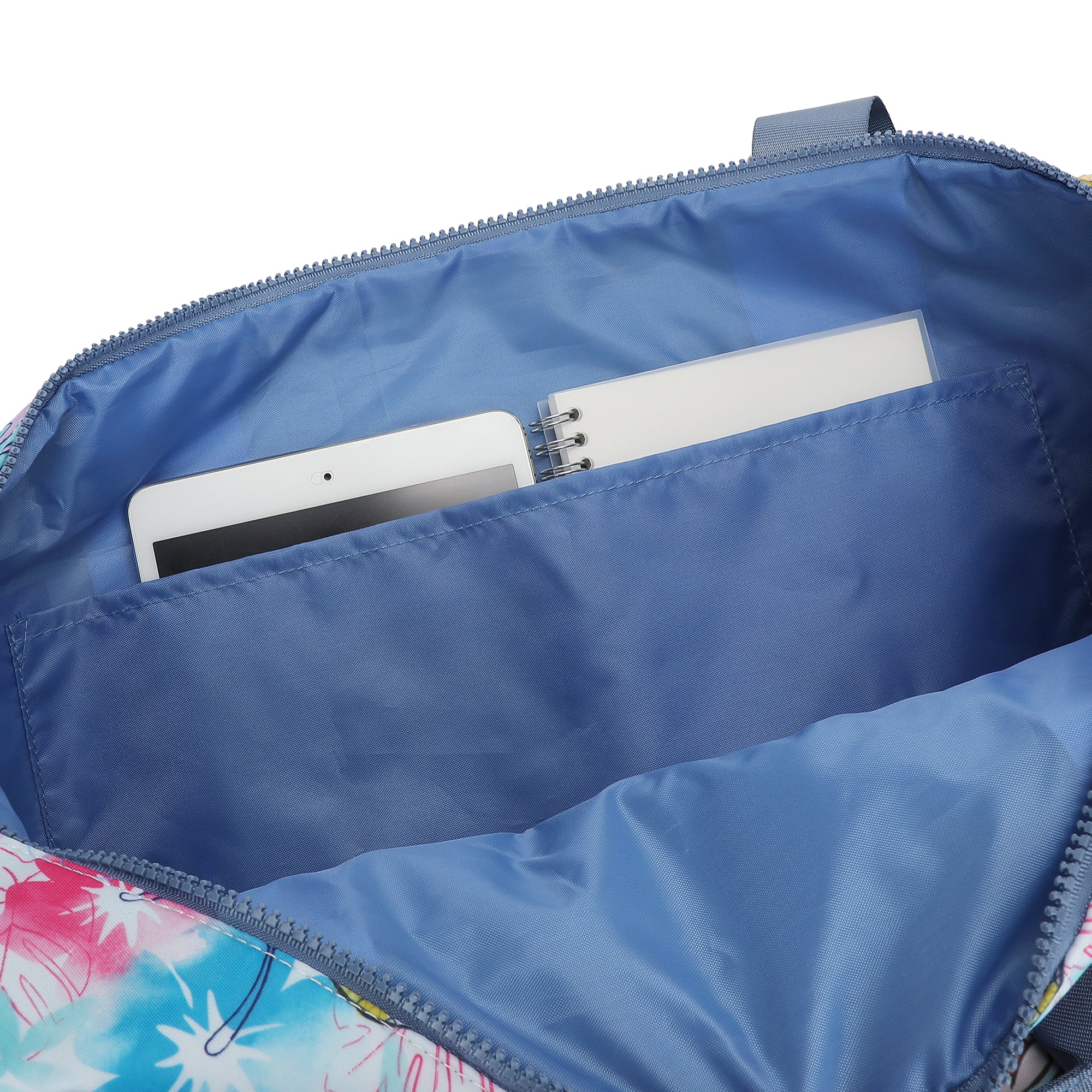 Disney Stitch Embroidered Character Art On Tropical Print 17.5" Duffle Bag