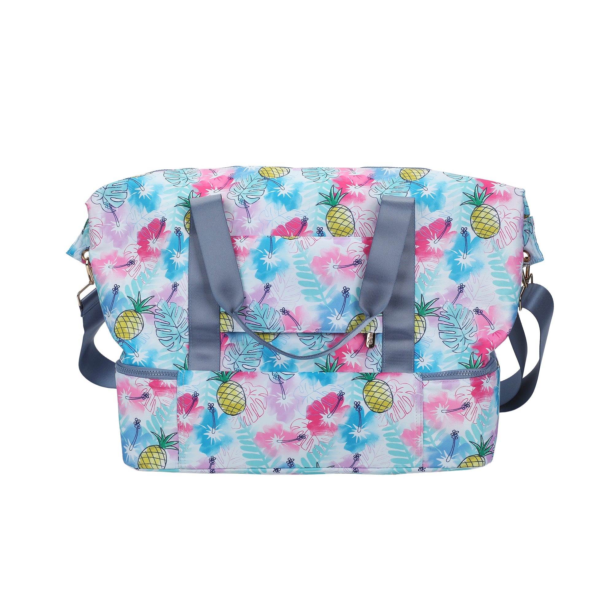 Disney Stitch Embroidered Character Art On Tropical Print 17.5" Duffle Bag