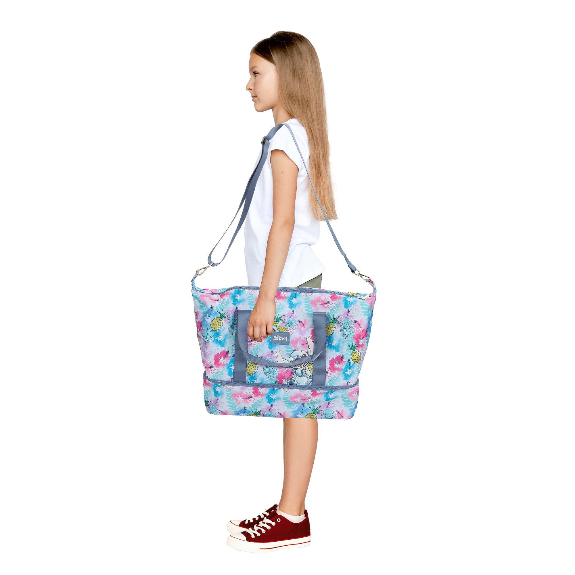 Disney Stitch Embroidered Character Art On Tropical Print 17.5" Duffle Bag